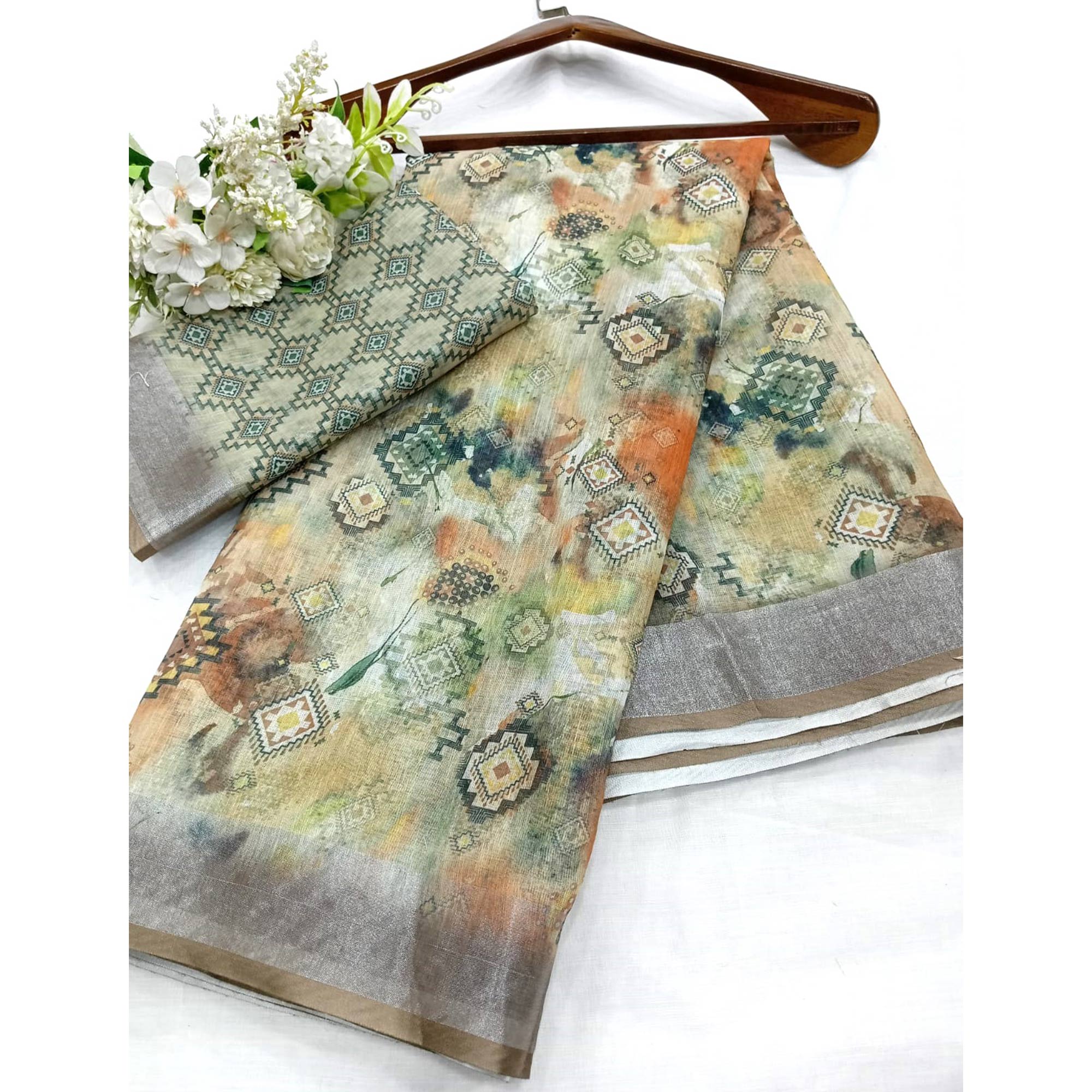 Cream & Green Digital Printed Linen Saree