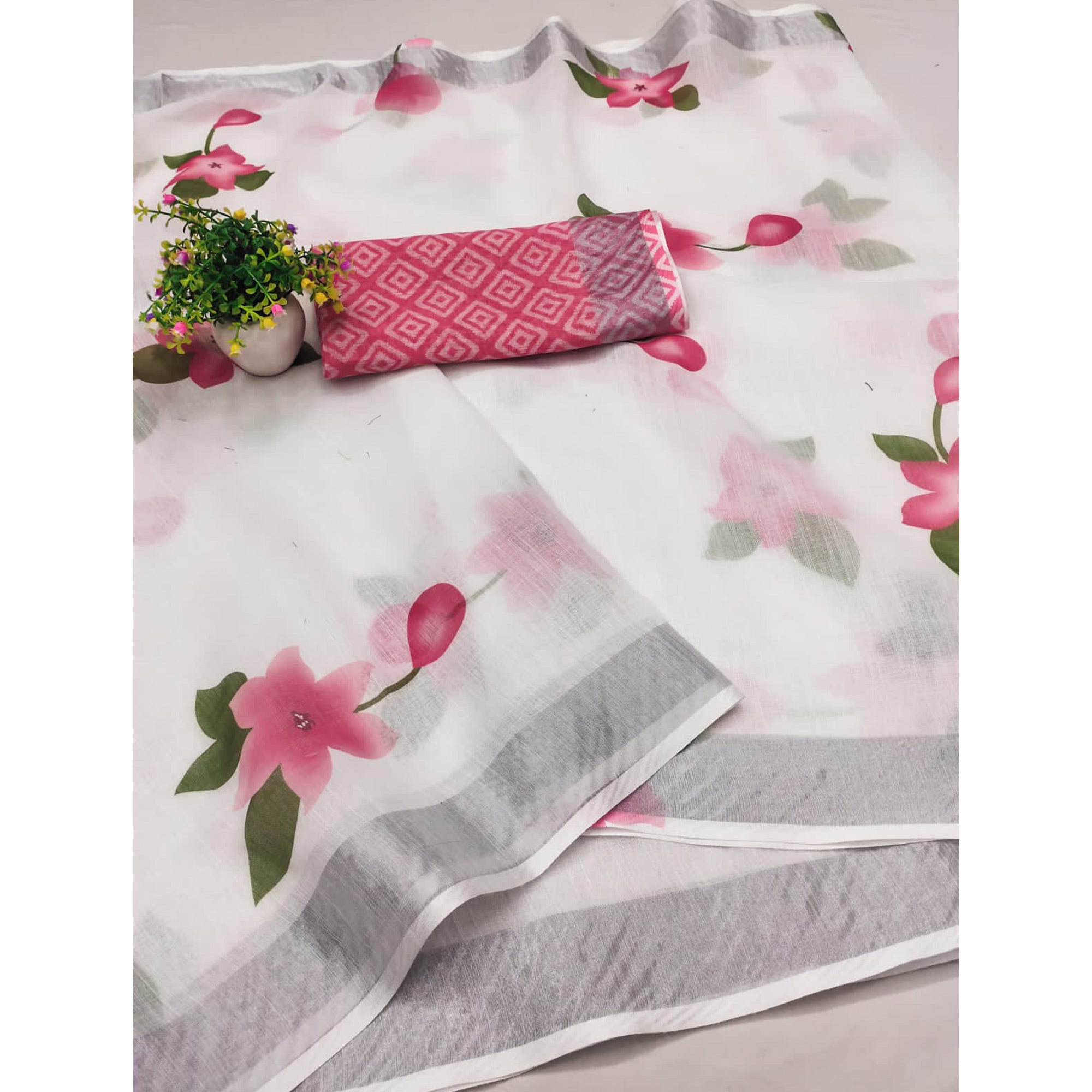 White & Pink Digital Printed Linen Saree