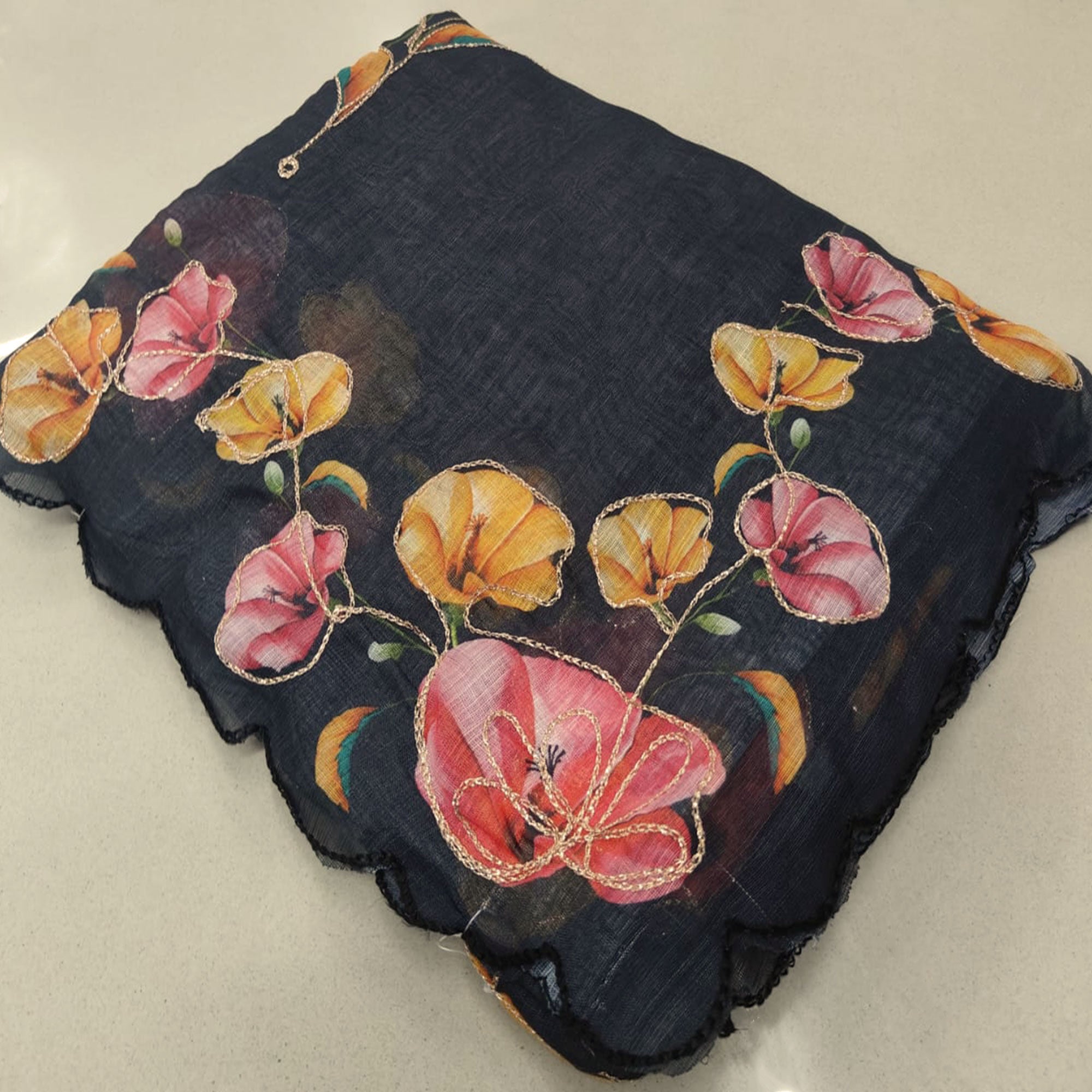 Black Floral Printed Linen Saree