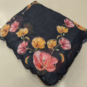Black Floral Printed Linen Saree