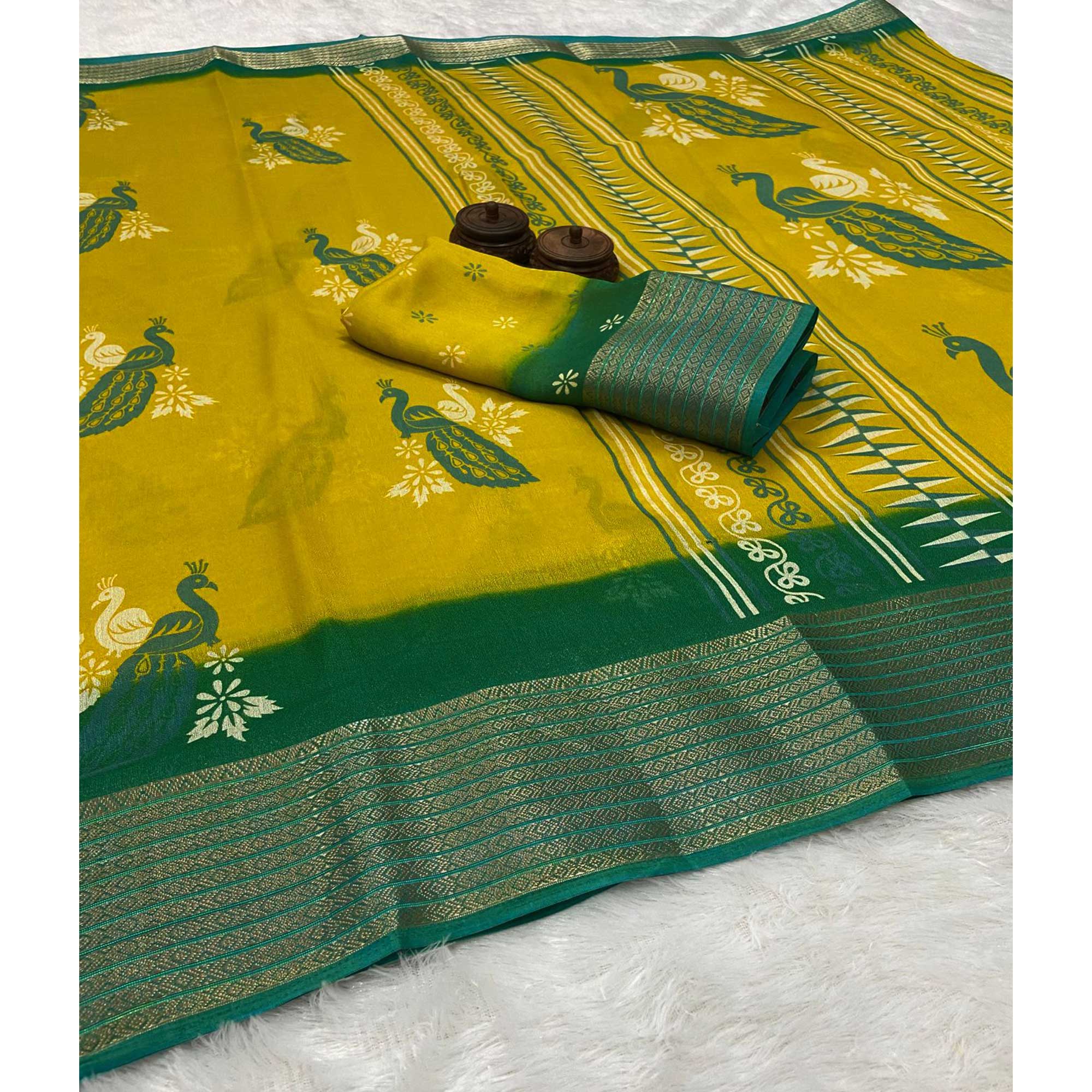 Olive Floral Printed Chiffon Saree