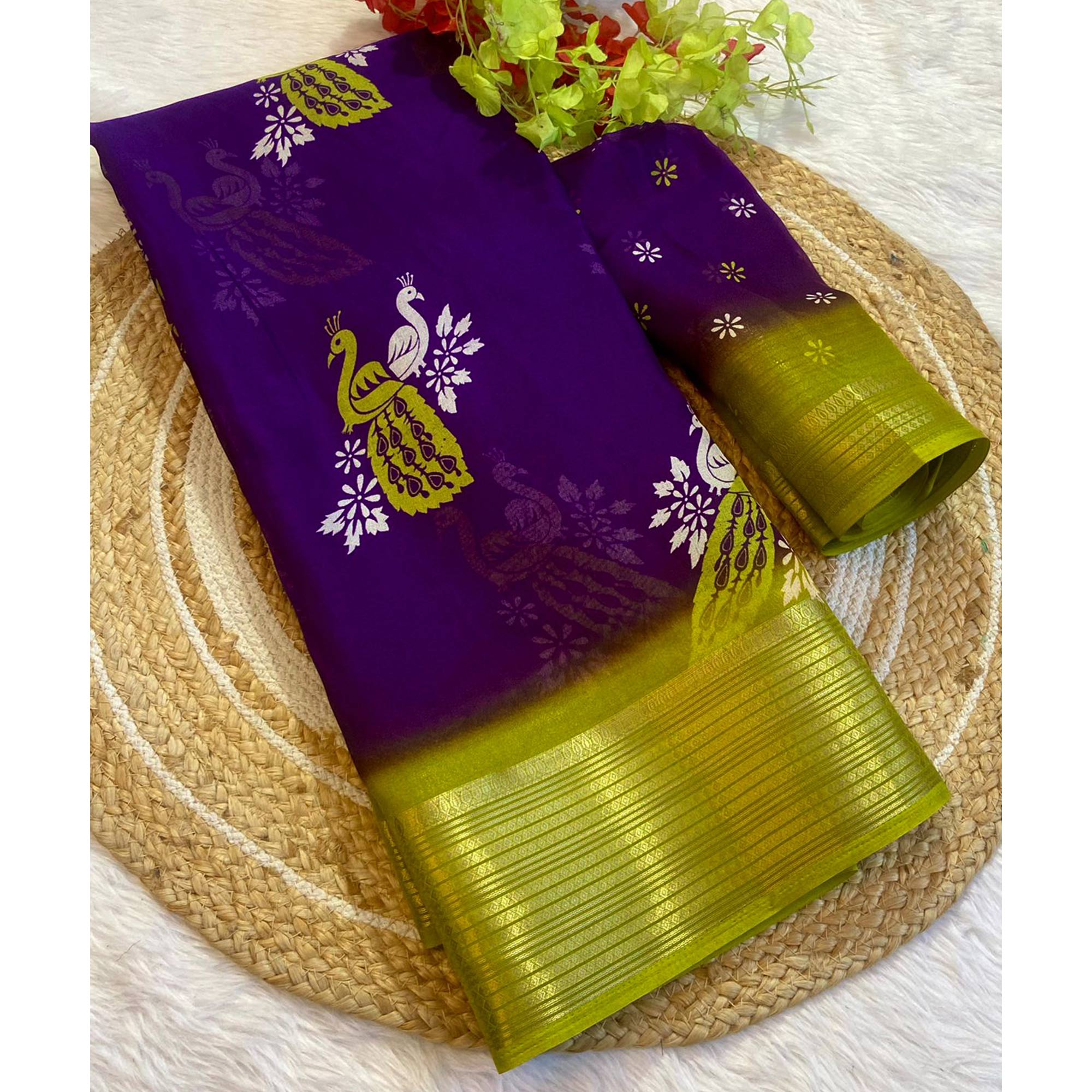 Purple Floral Printed Chiffon Saree