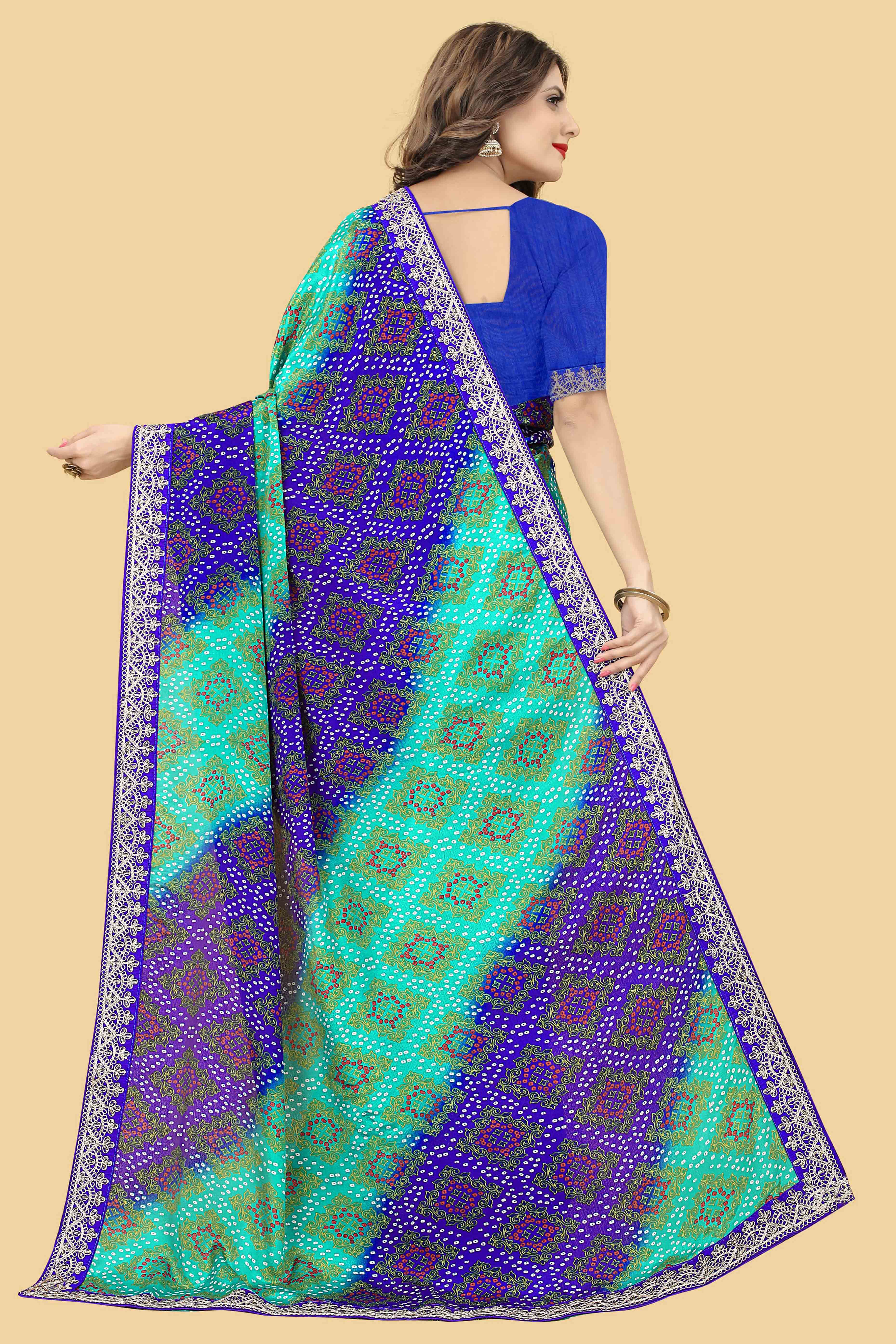 Blue & Turquoise Bandhani Printed Chinon Saree