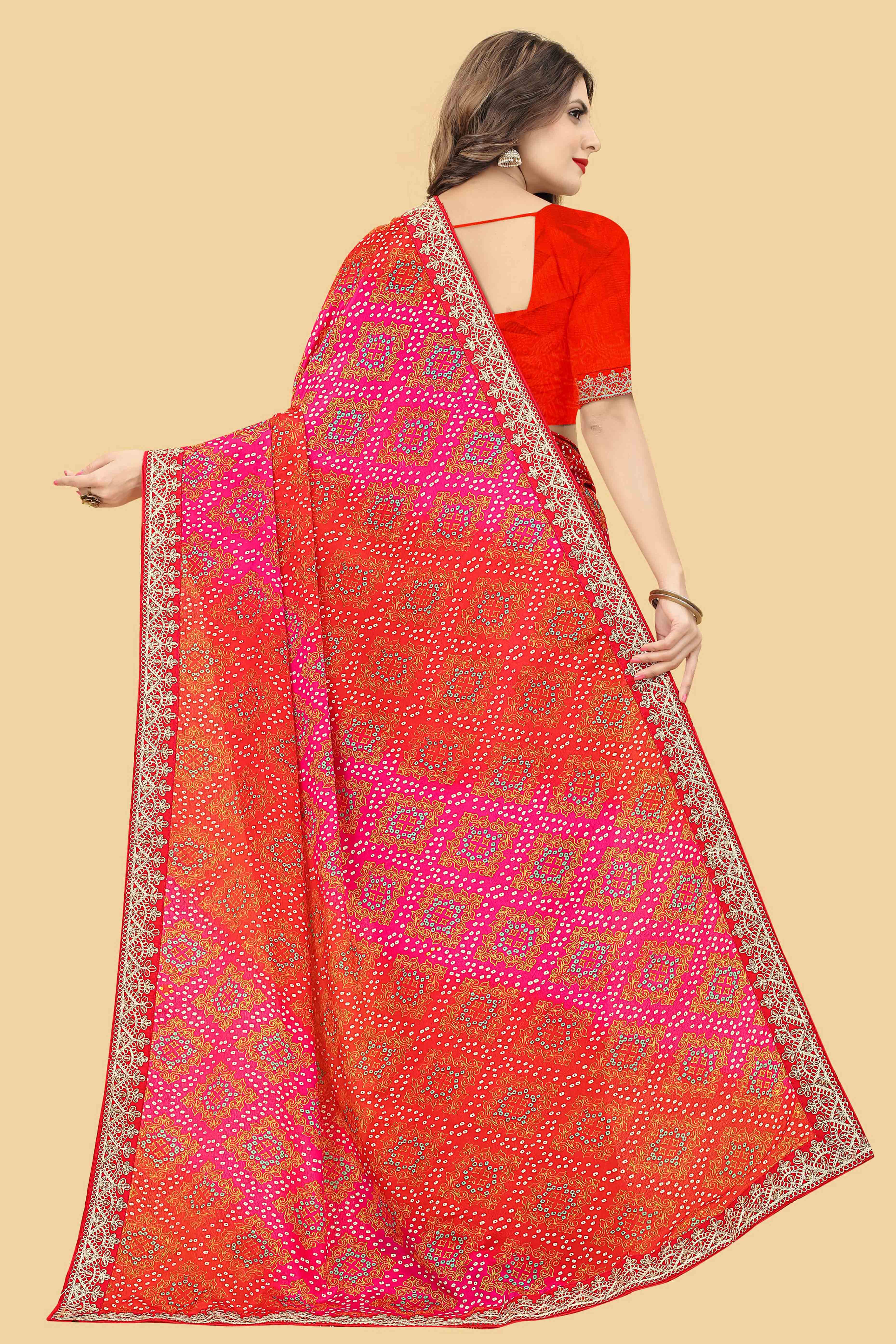 Red Bandhani Printed Chinon Saree
