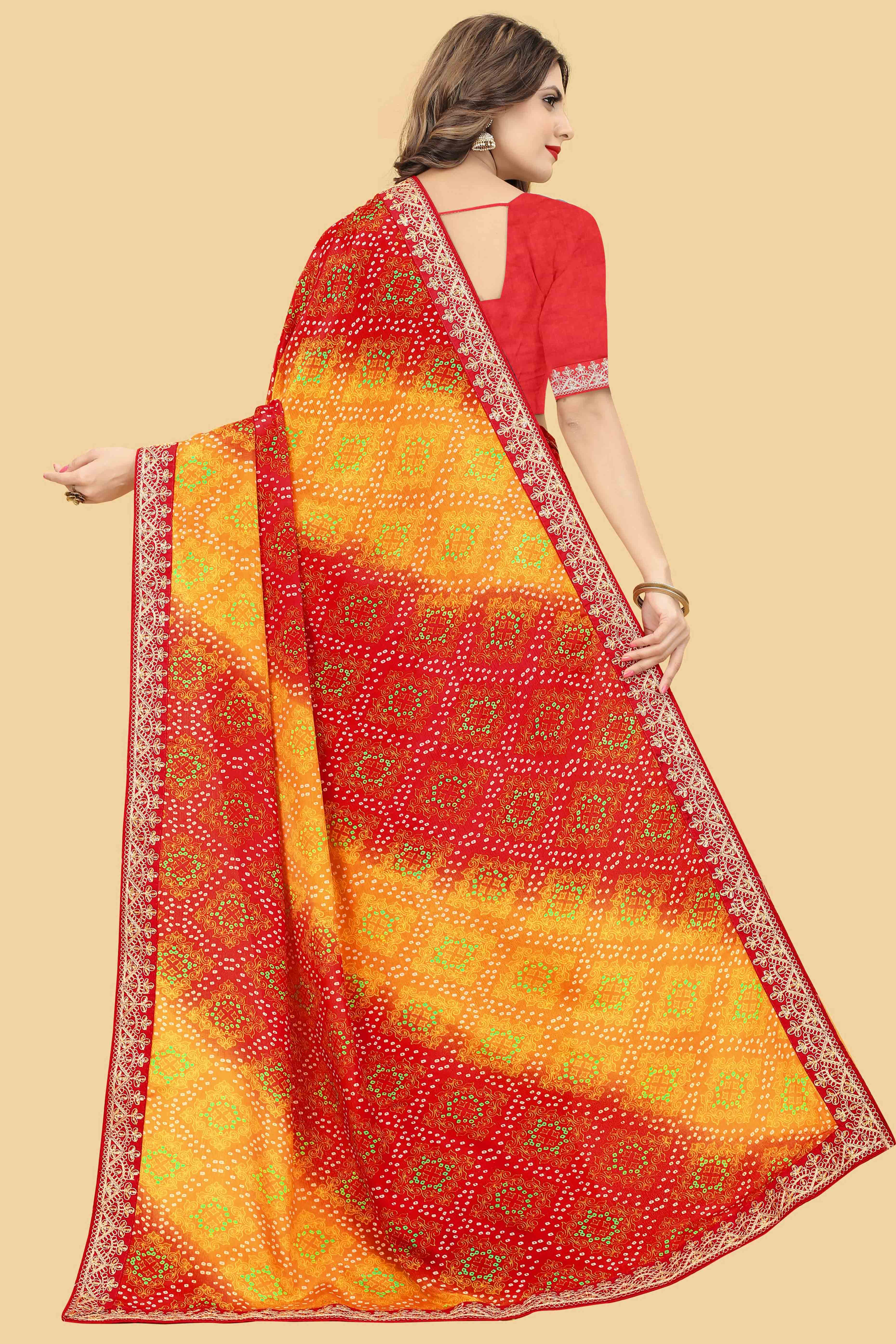Red & Orange Bandhani Printed Chinon Saree