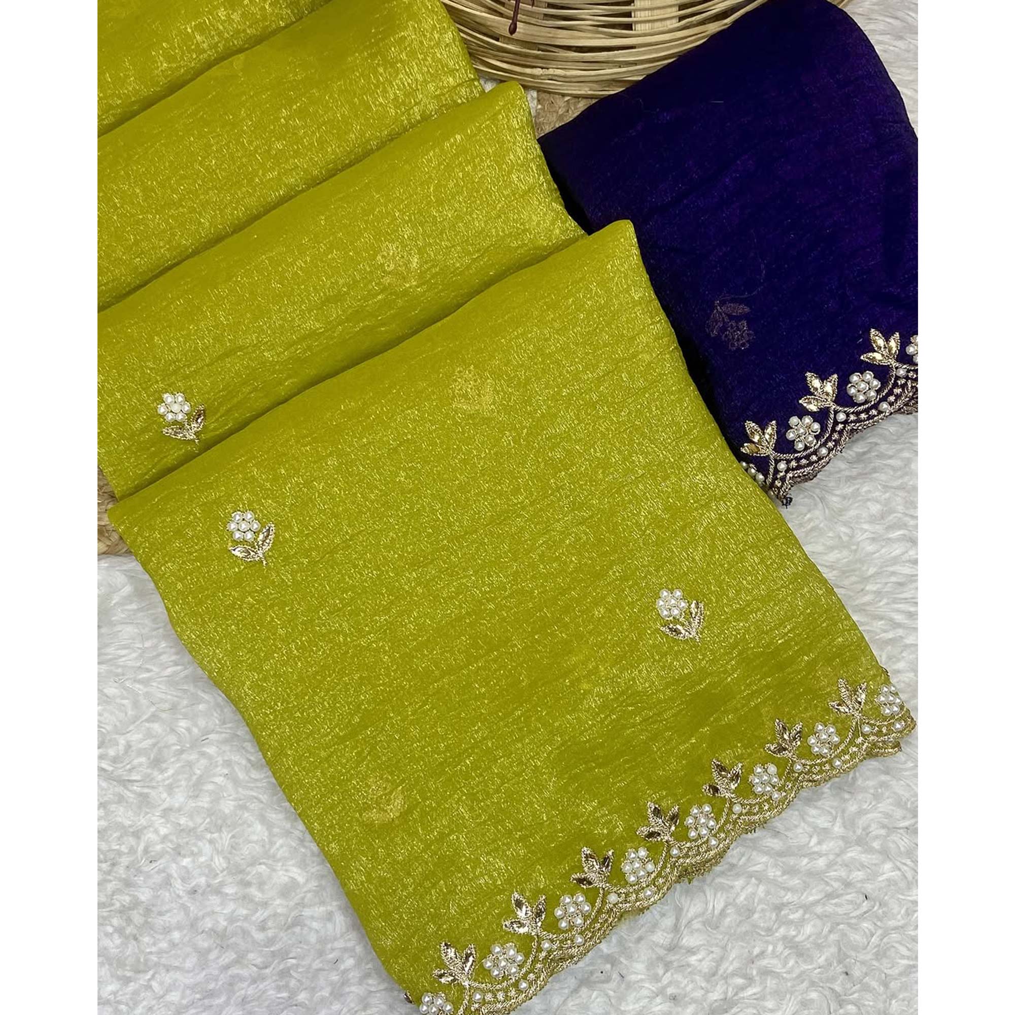 Lime Green Crunchy Chiffon Saree with Elegant Embroidery and Pearl Embellishments