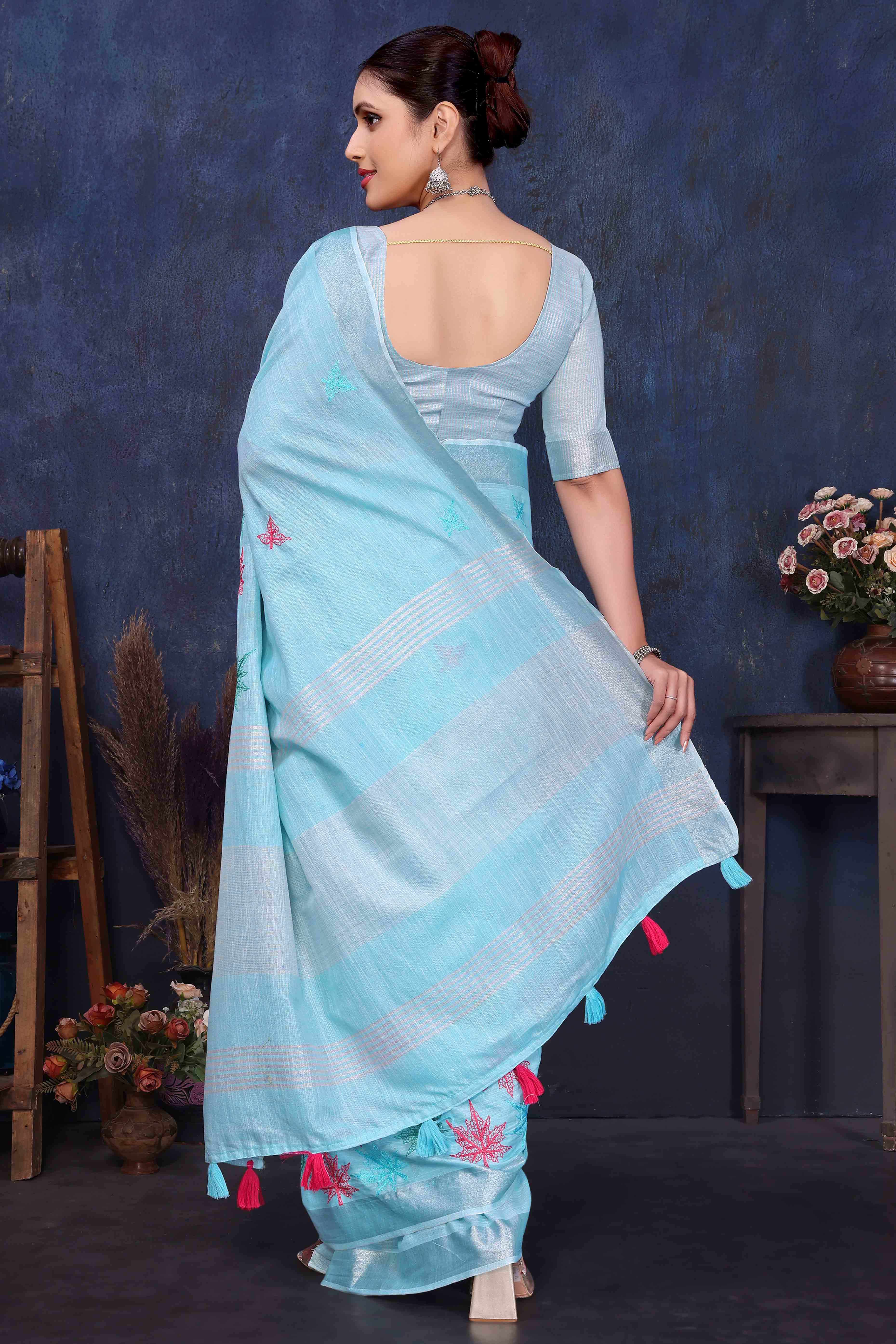 Sky Blue Floral Embroidered Cotton Silk Saree