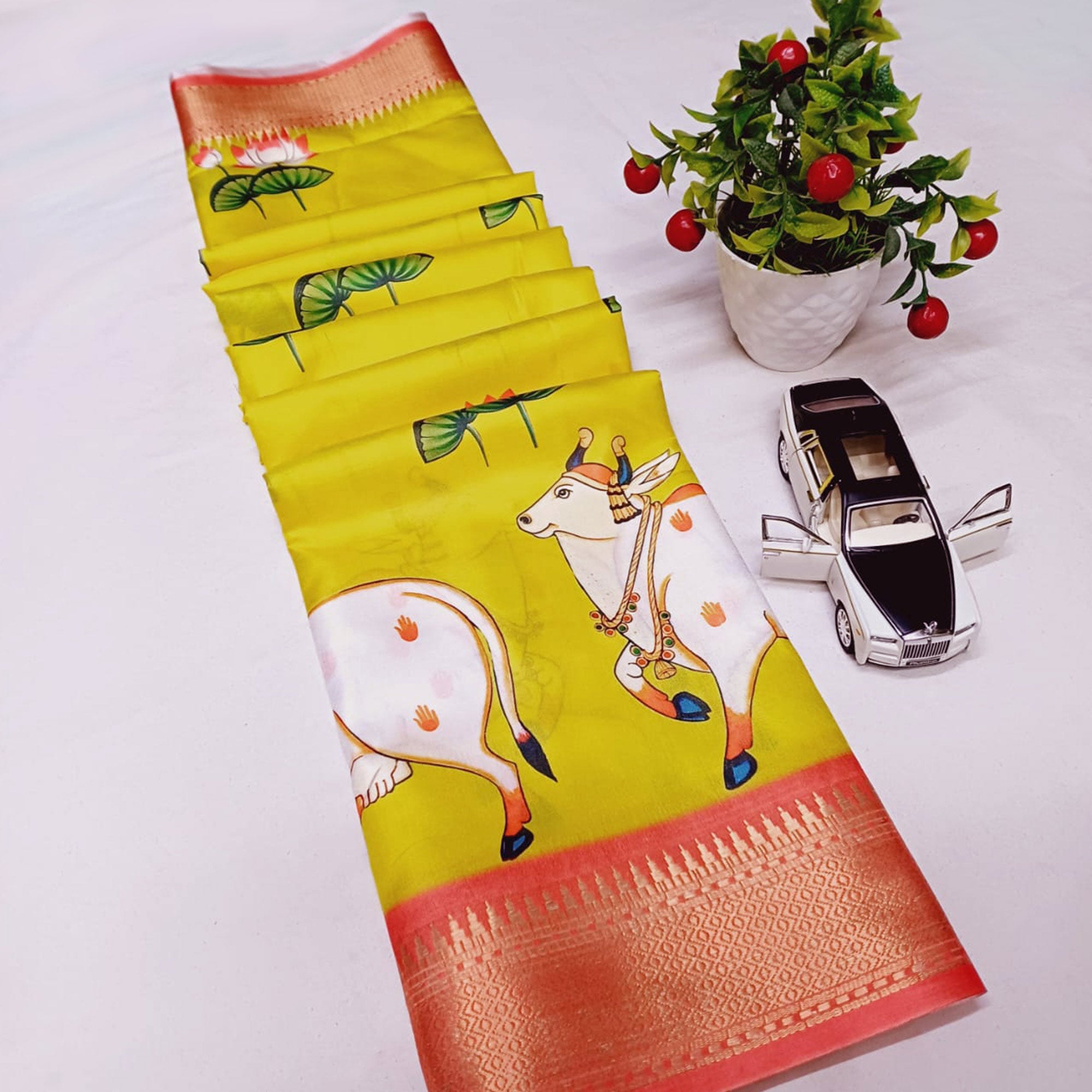 Yellow Floral Printed Doal Silk Saree With Woven Broder