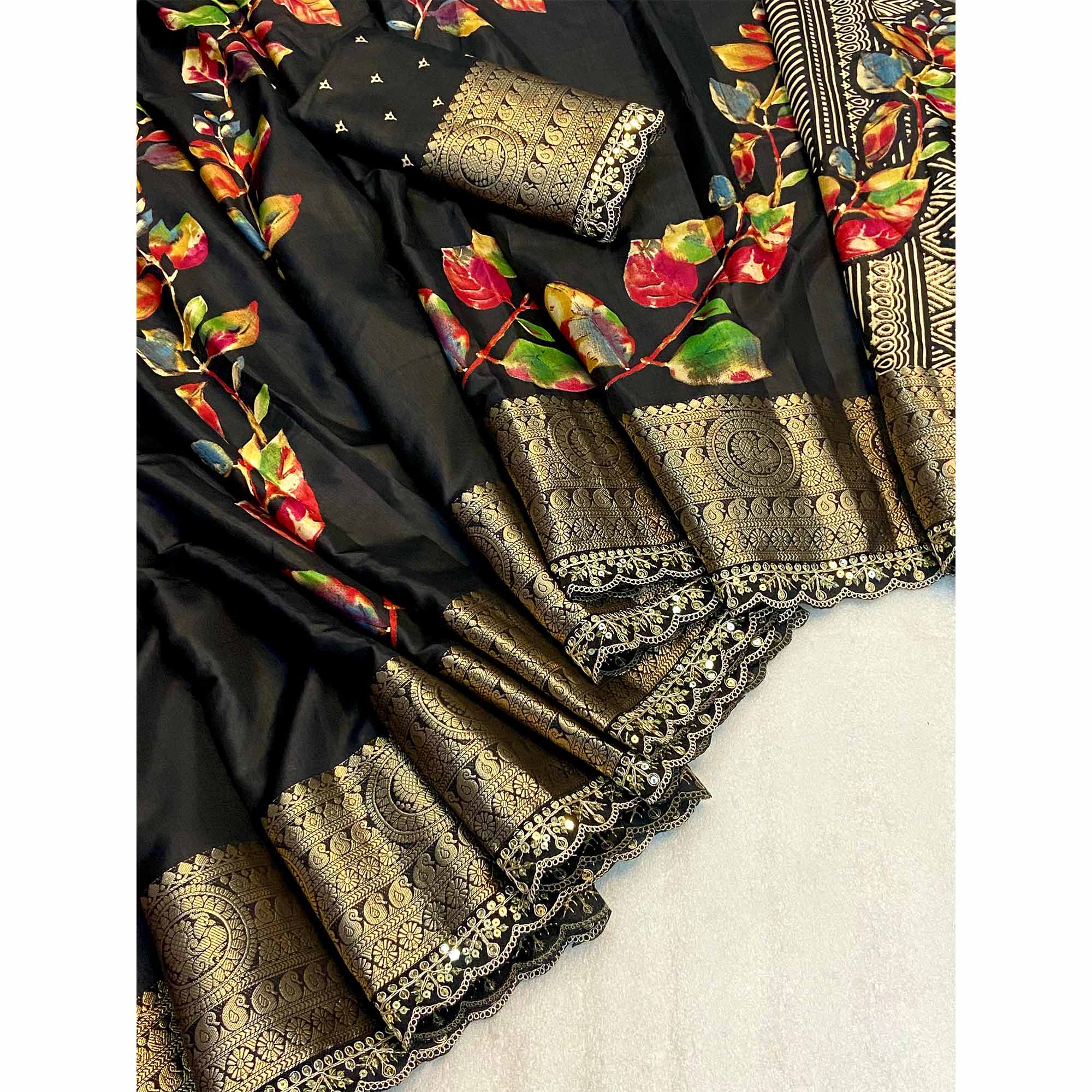 Black Floral Printed Dola Silk Saree With Woven Border