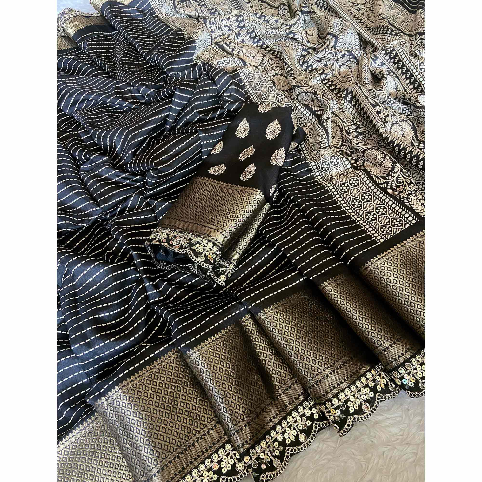 Black & Gold Floral Printed Dola Silk Saree With Woven Border