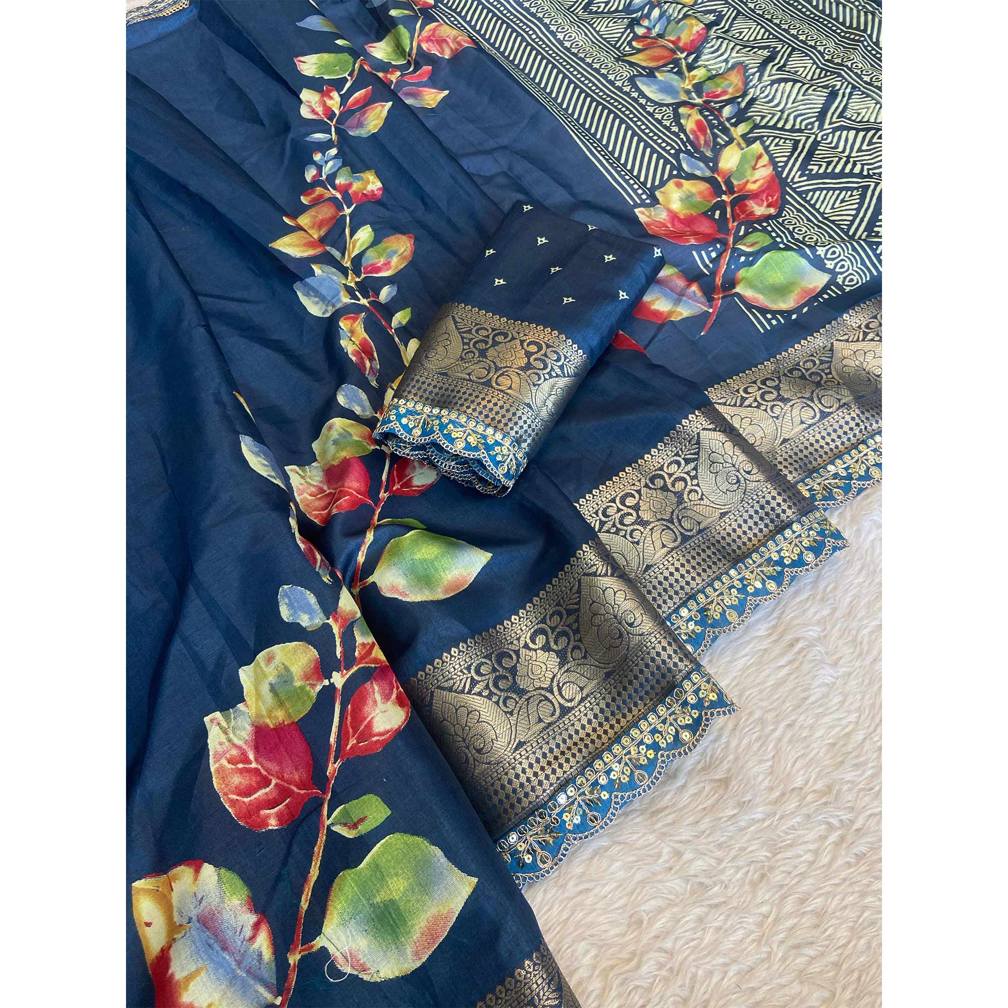 Blue Floral Printed Dola Silk Saree Accentuated with a Traditional Woven Border