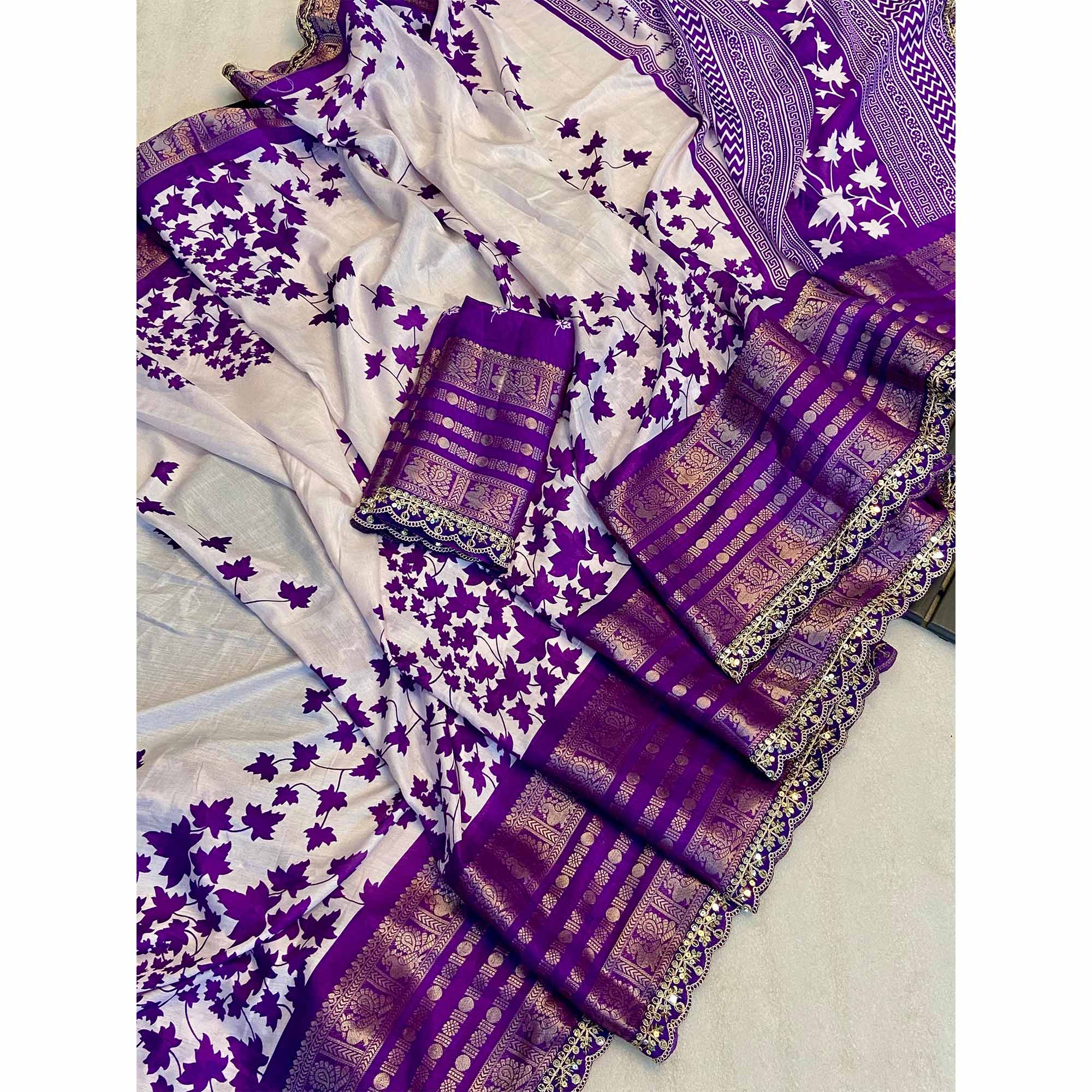 Purple & White Floral Printed Dola Silk Saree With Woven Border