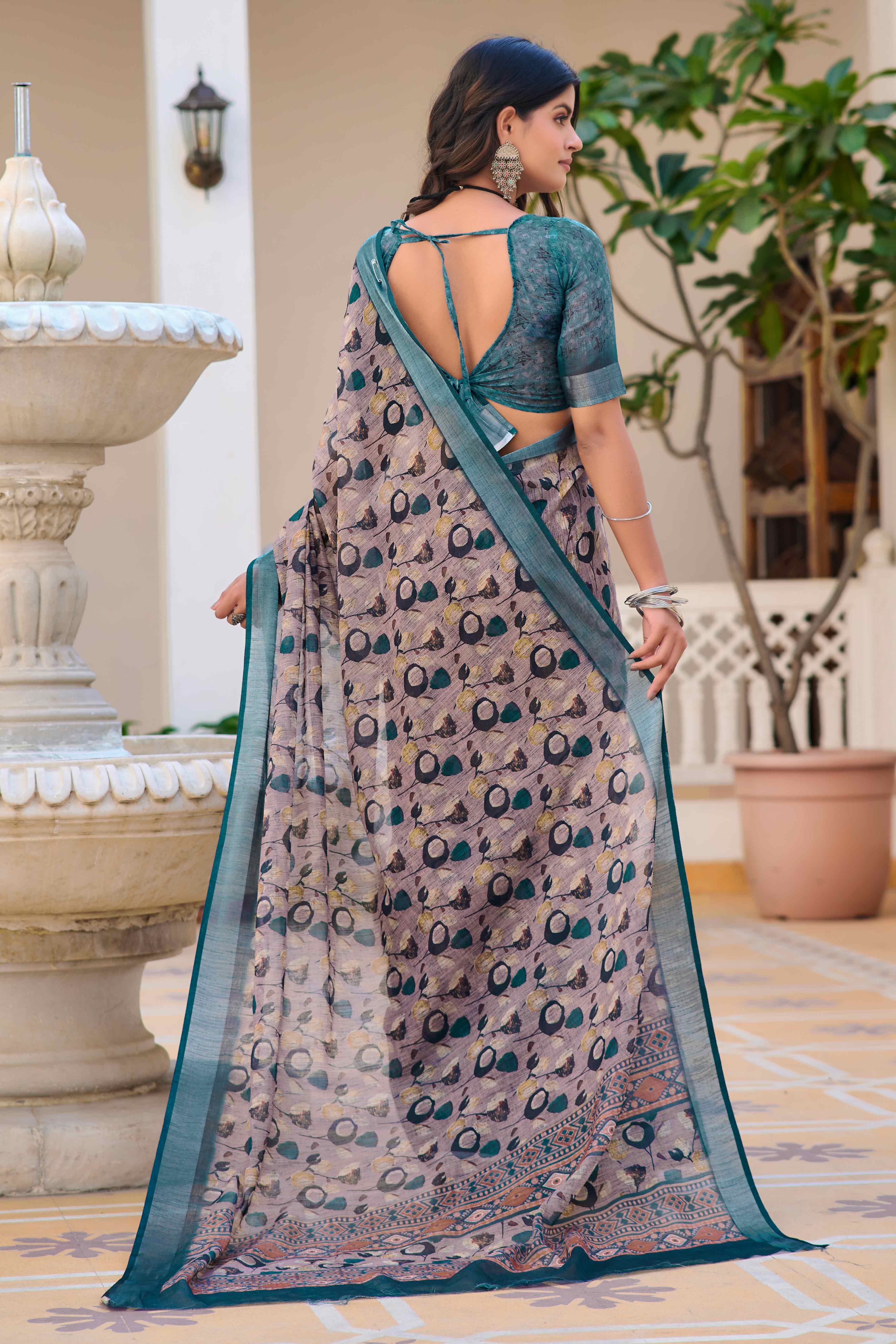 Grey Floral Printed Linen Saree