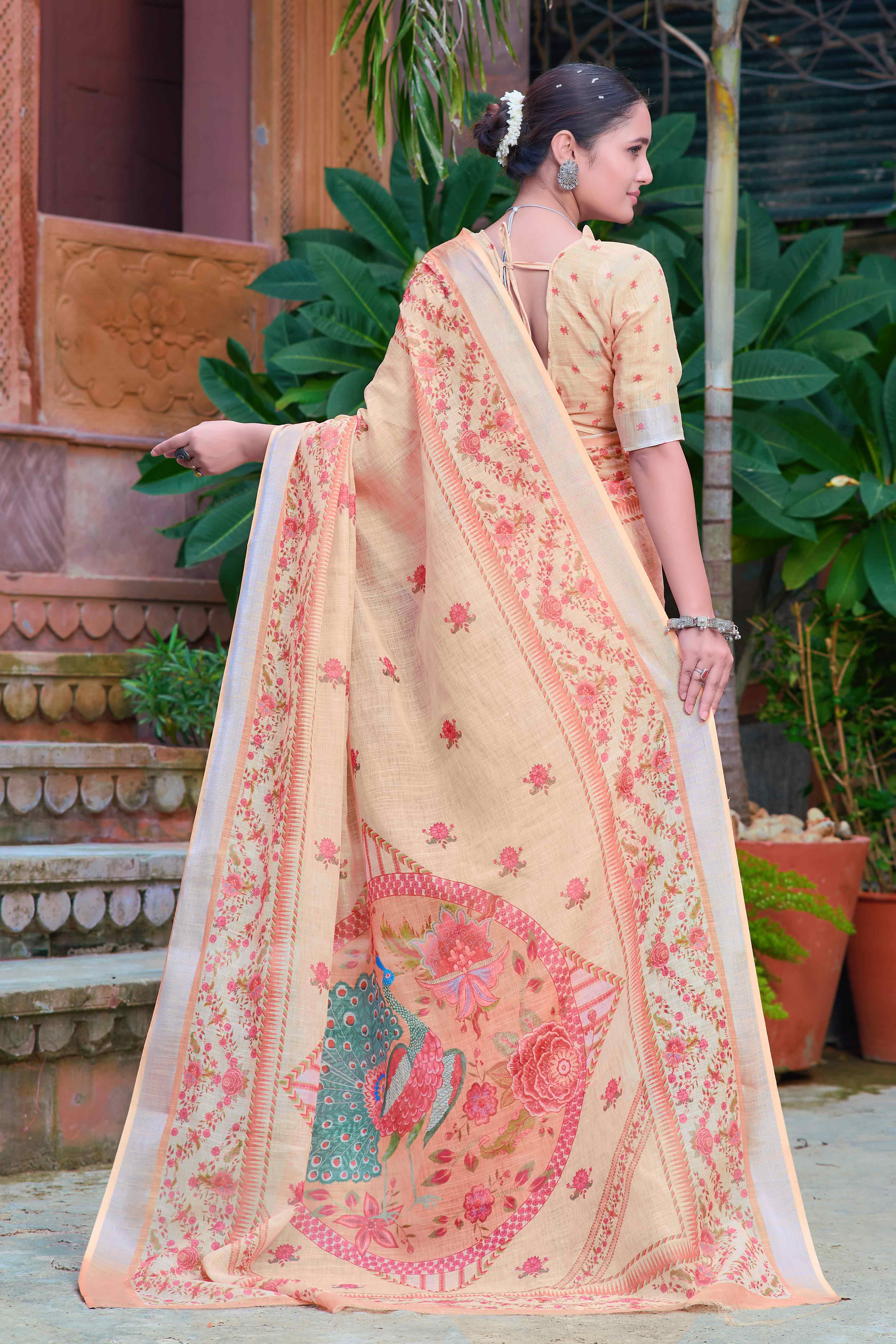 Light Peach Floral Printed Linen Saree