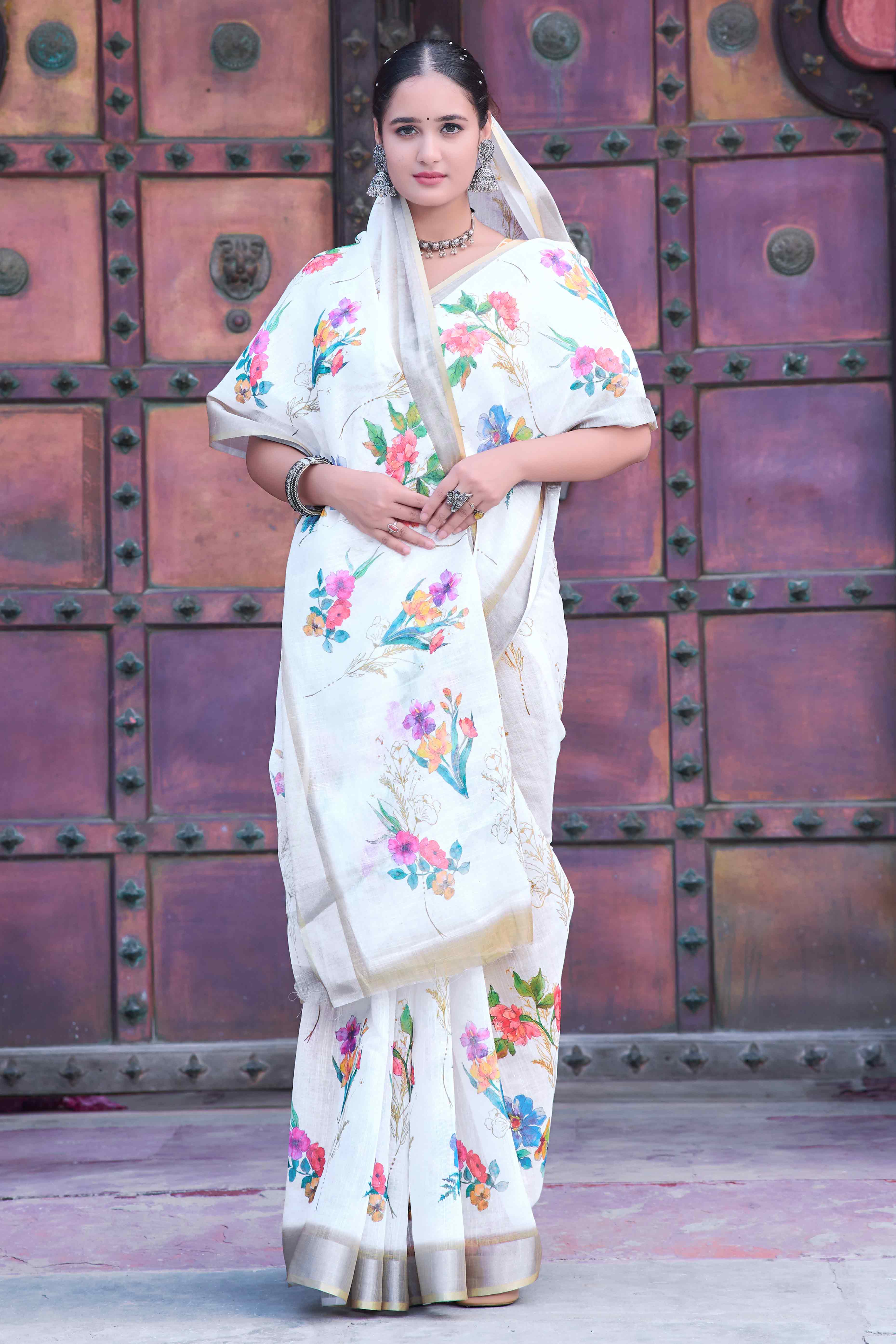 Off White Floral Printed Linen Saree