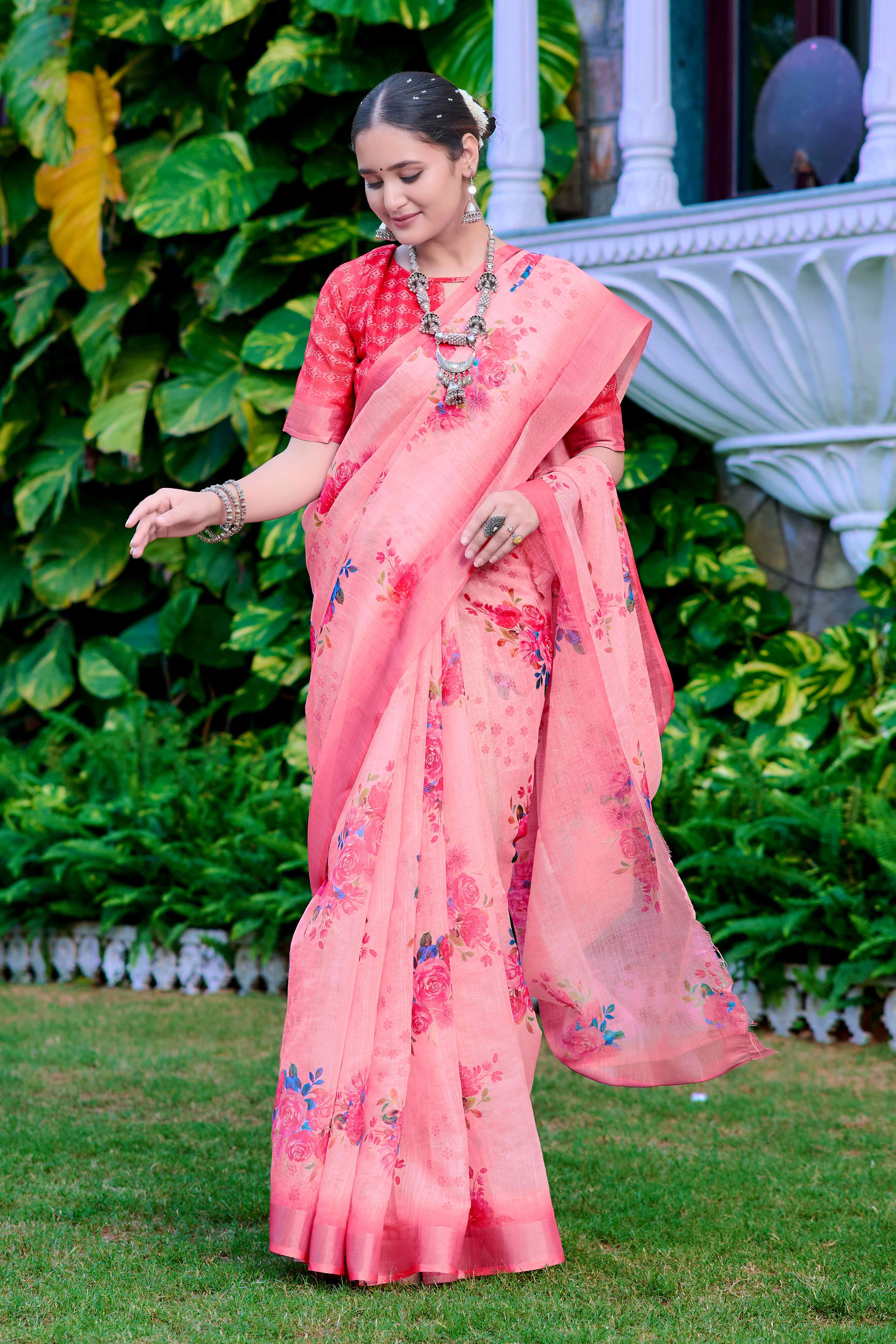 Peach Floral Printed Linen Saree