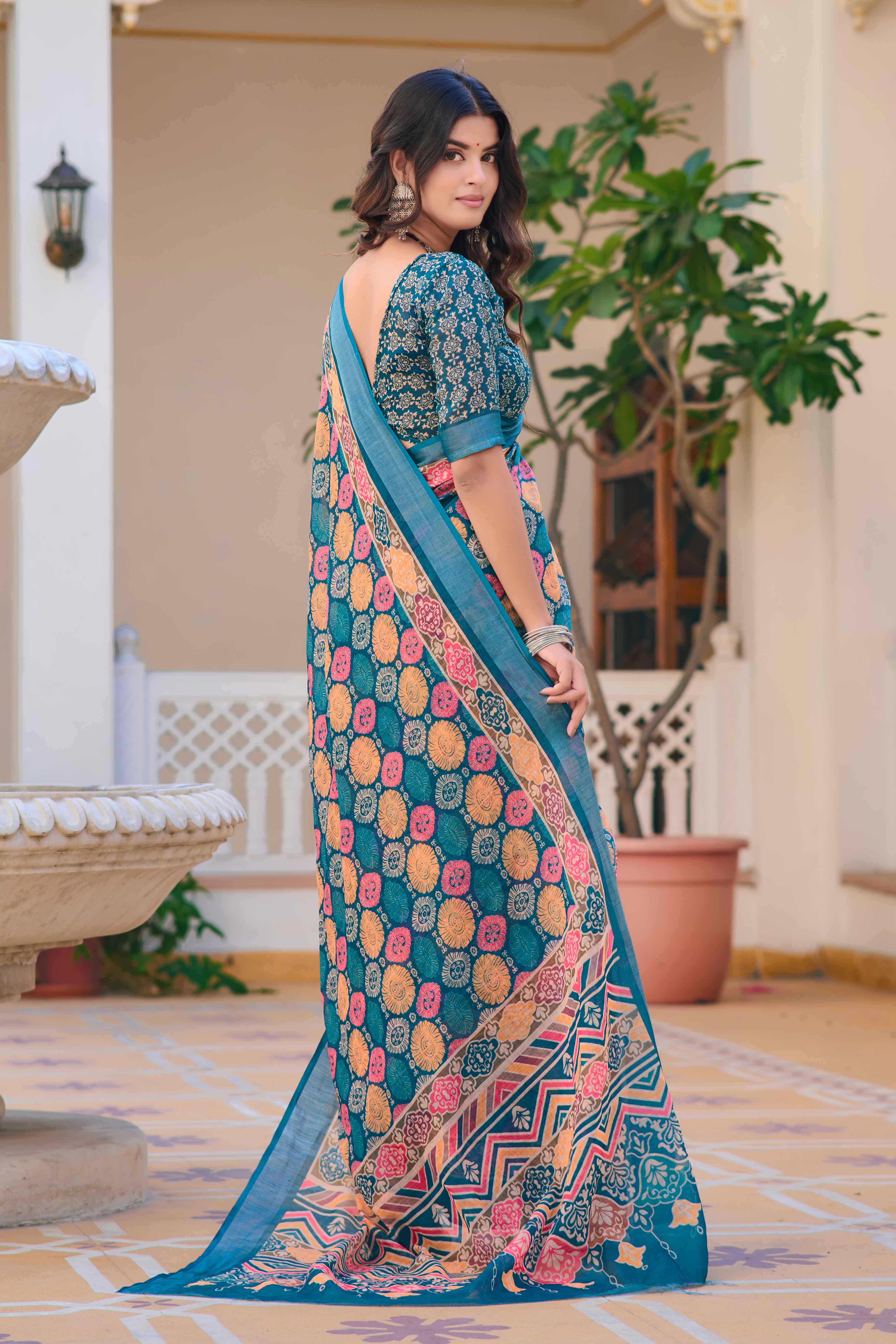Teal Floral Printed Linen Saree