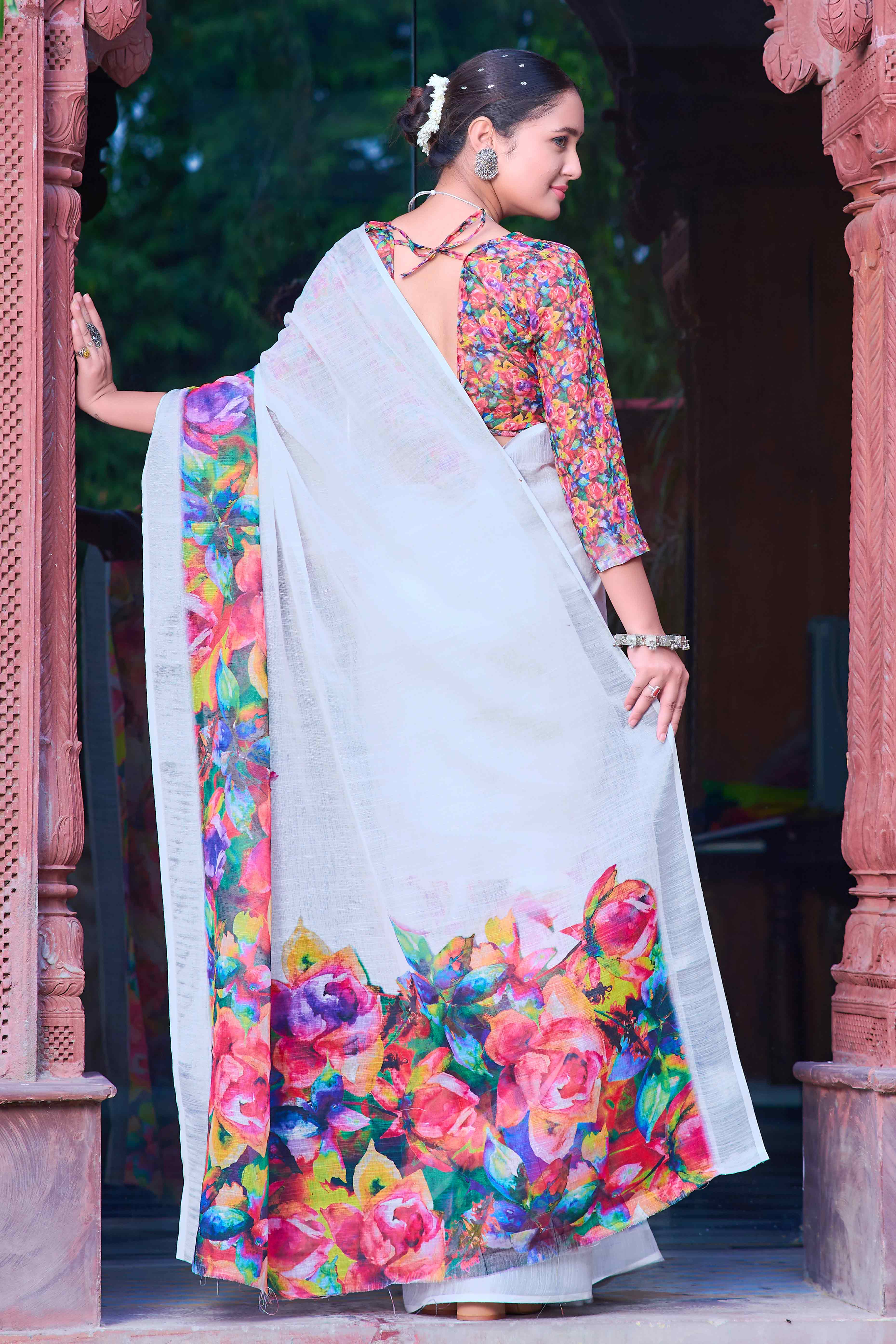 White Floral Printed Linen Saree