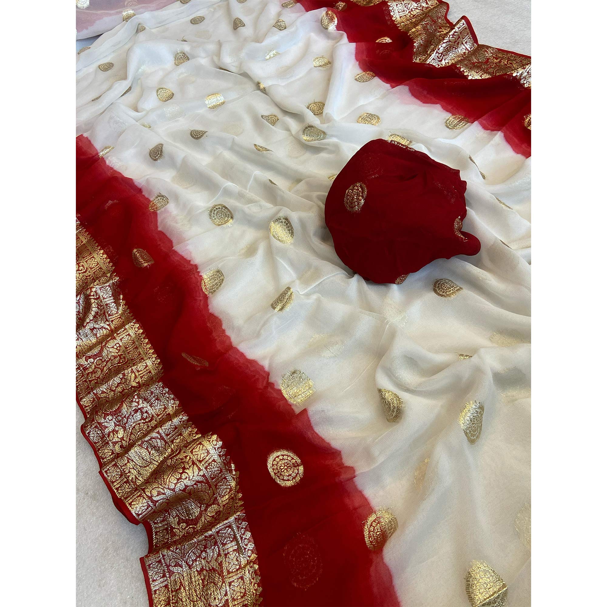White & Dark Red Zari Weaving Pure Viscose Saree