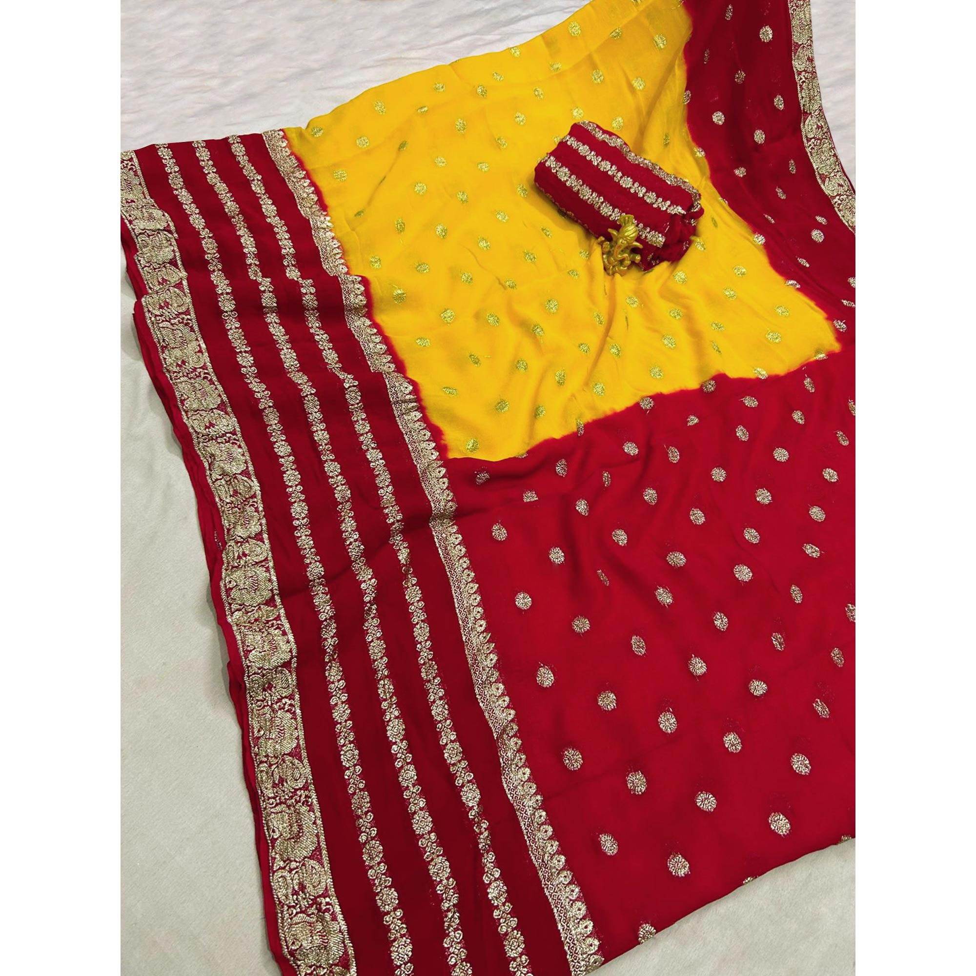 Yellow & Red Zari Woven Pure Viscose Saree