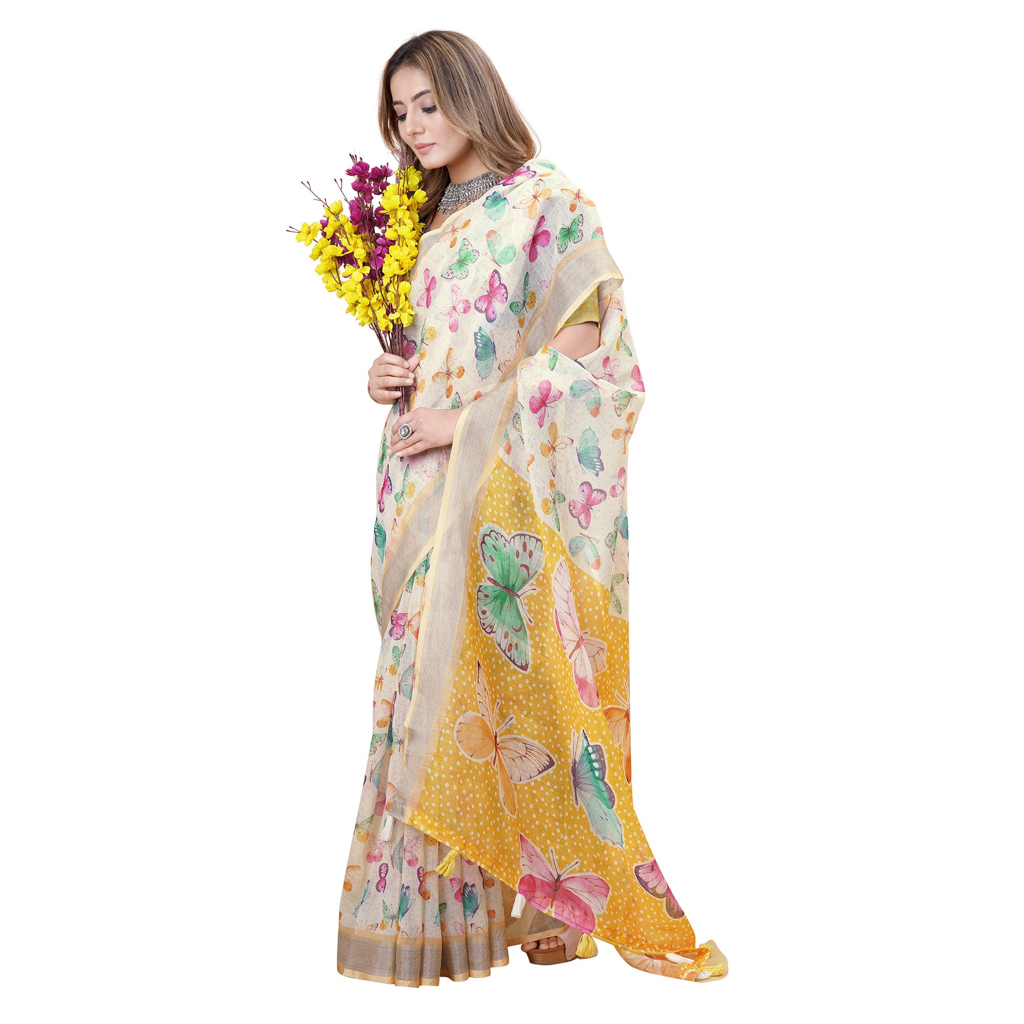 Multicolor Printed Linen Saree