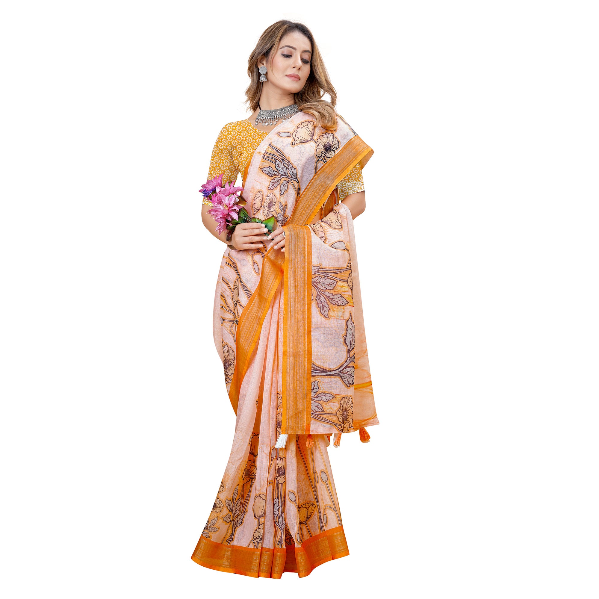 Yellow Printed Linen Saree