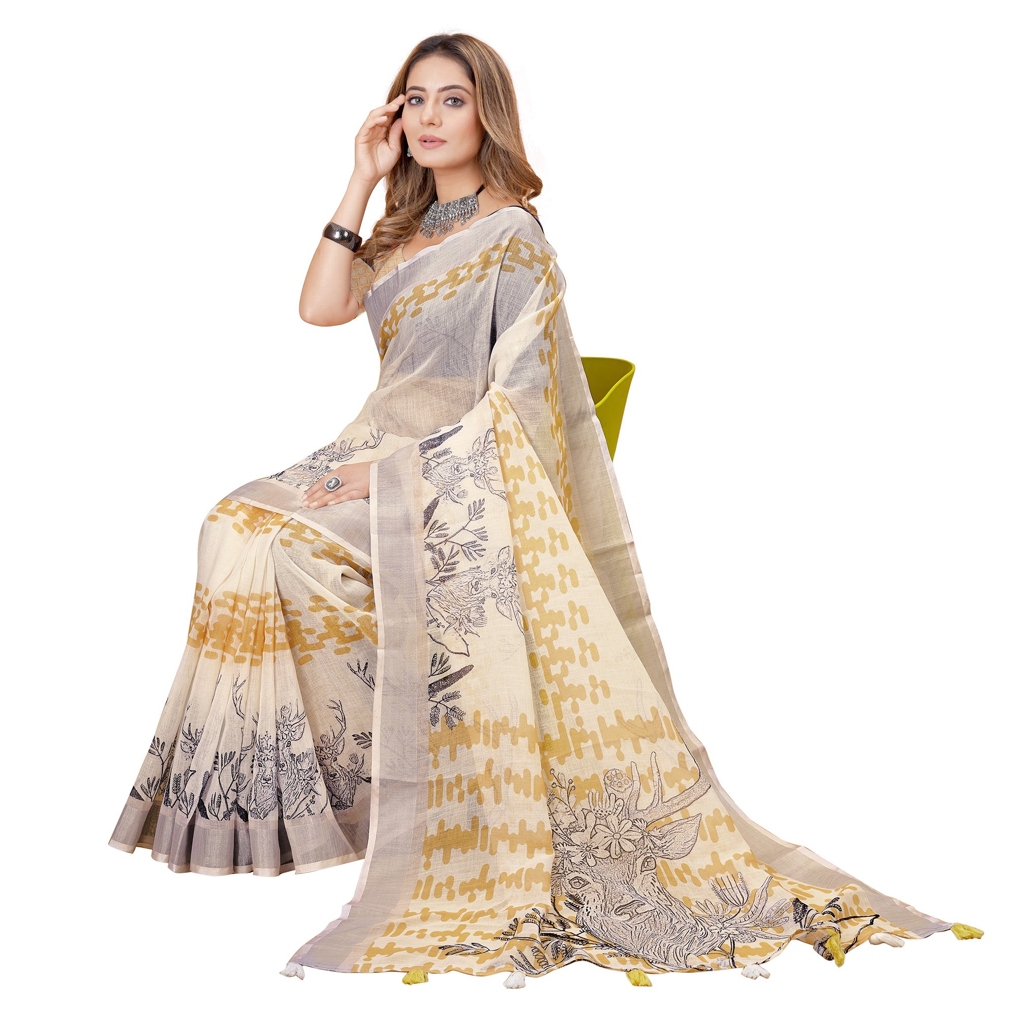 White Printed Linen Saree