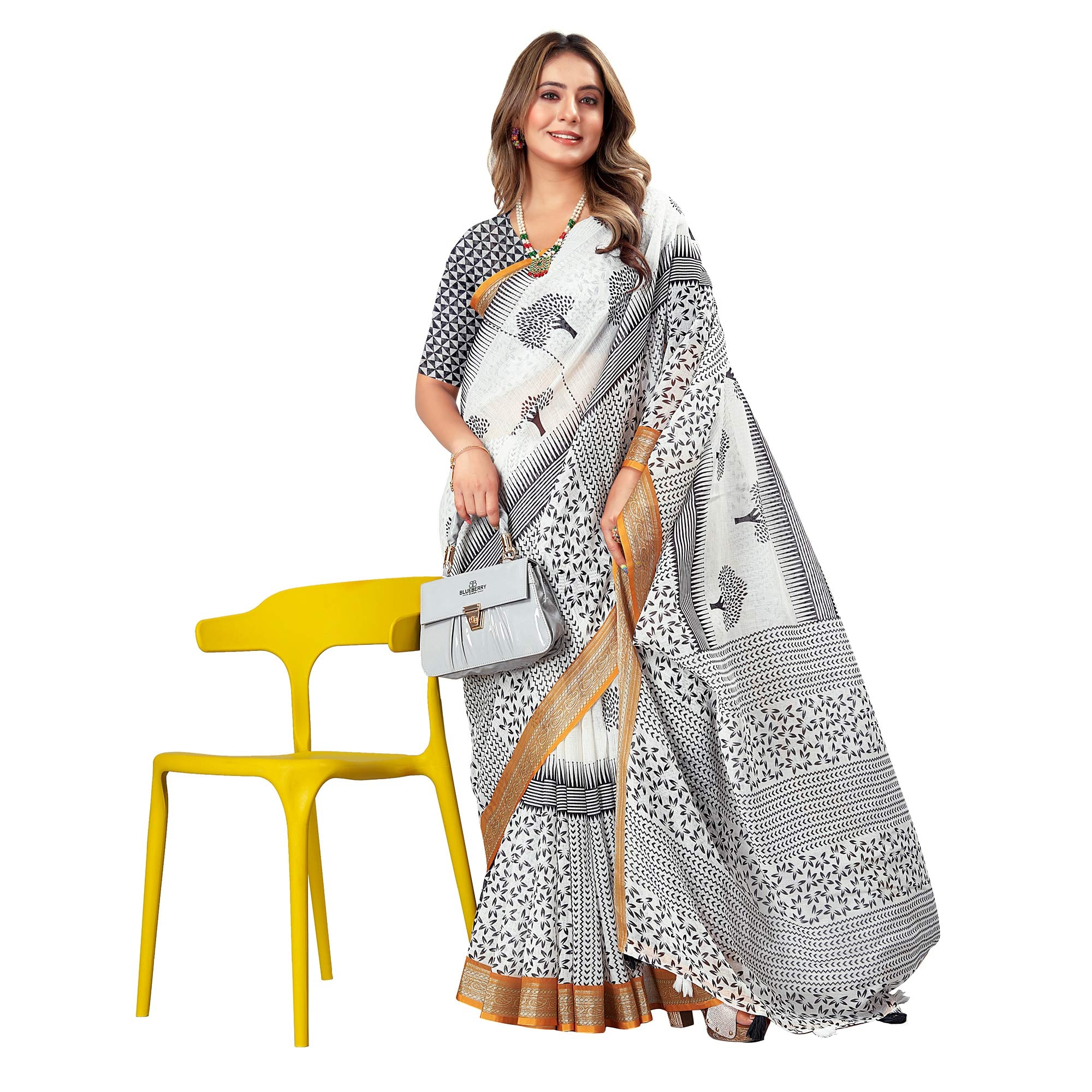 White Digital Print Linen Saree