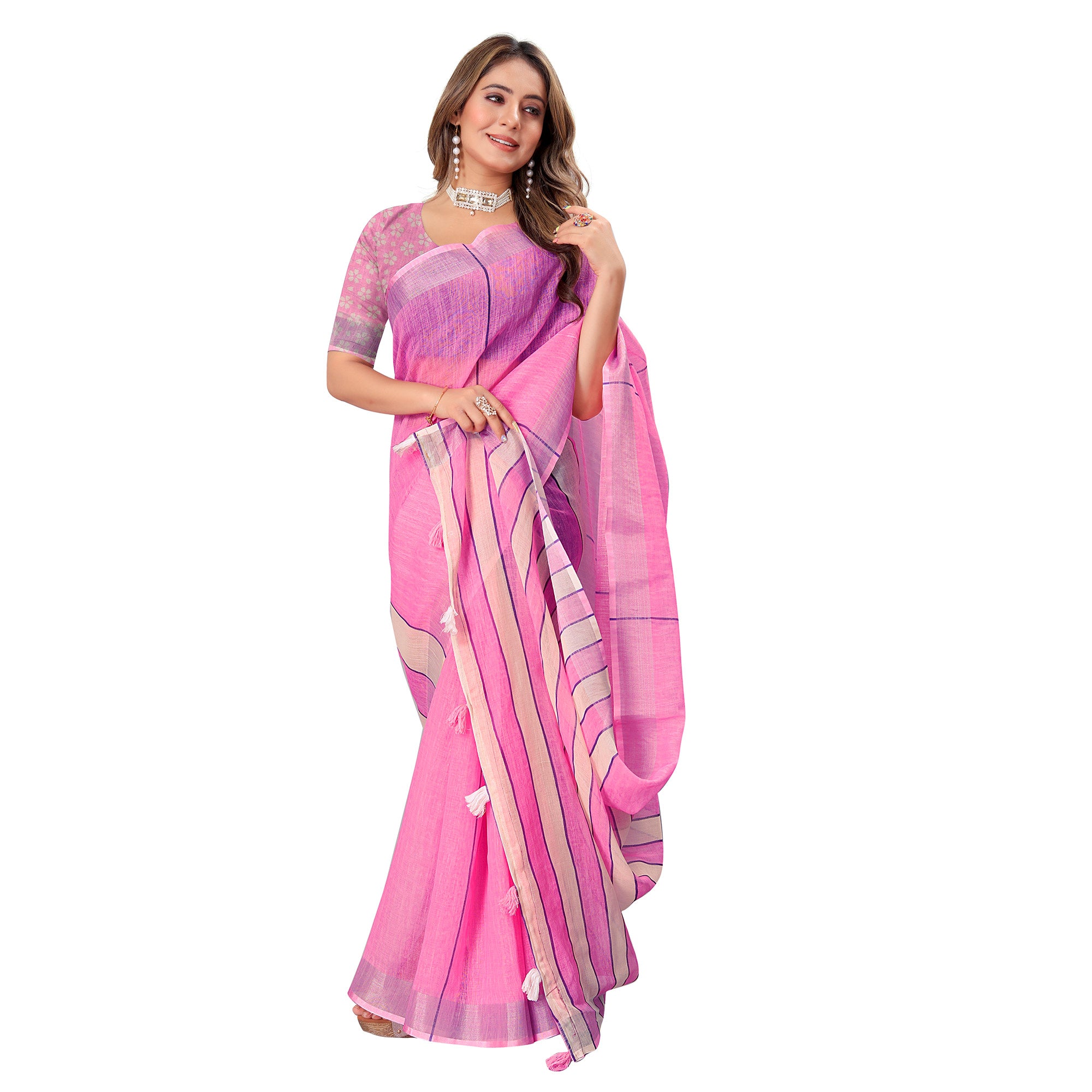 Pink Digital Print Linen Saree