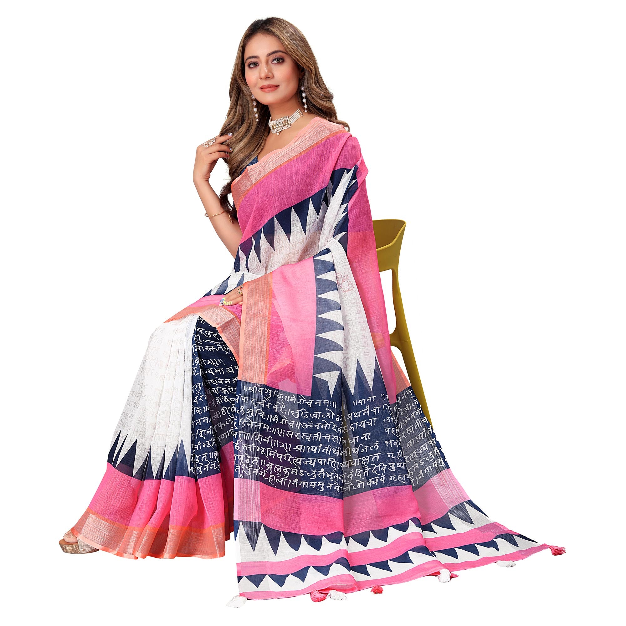 White & Pink Printed Linen Saree