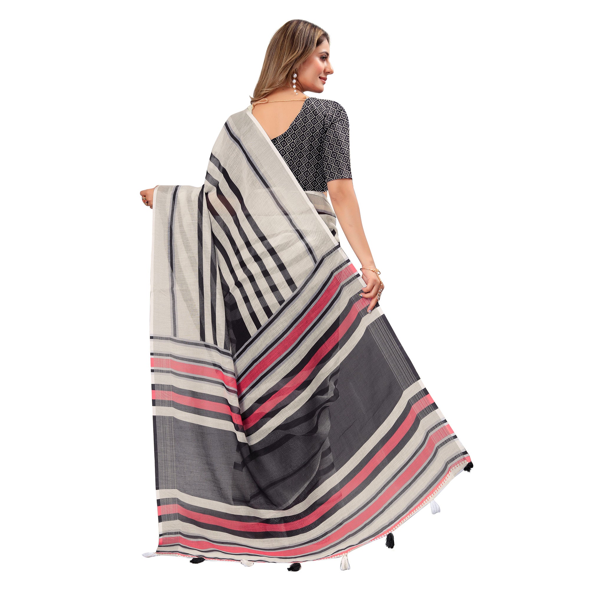 White & Black Printed Linen Saree