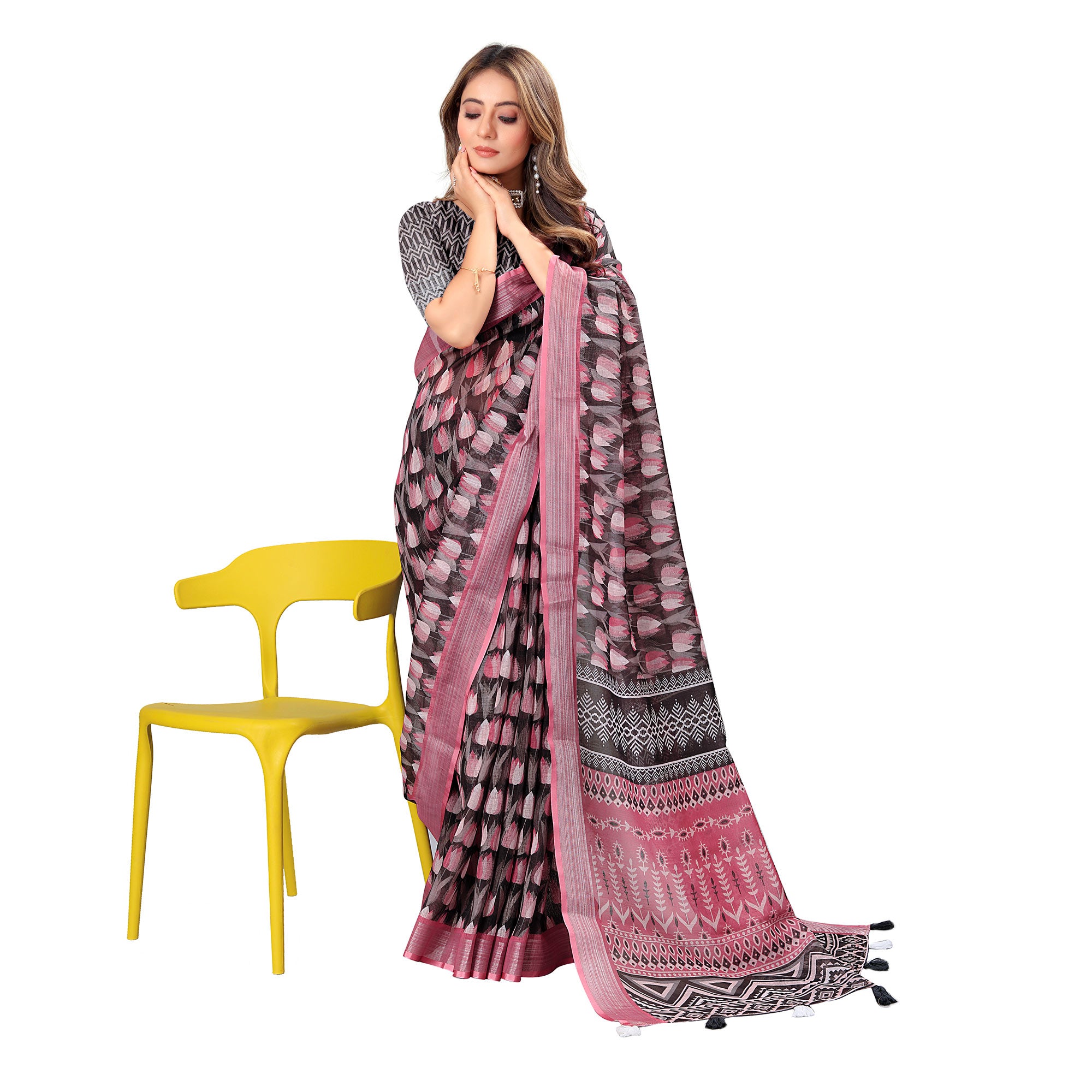 Black & Pink Printed Linen Saree