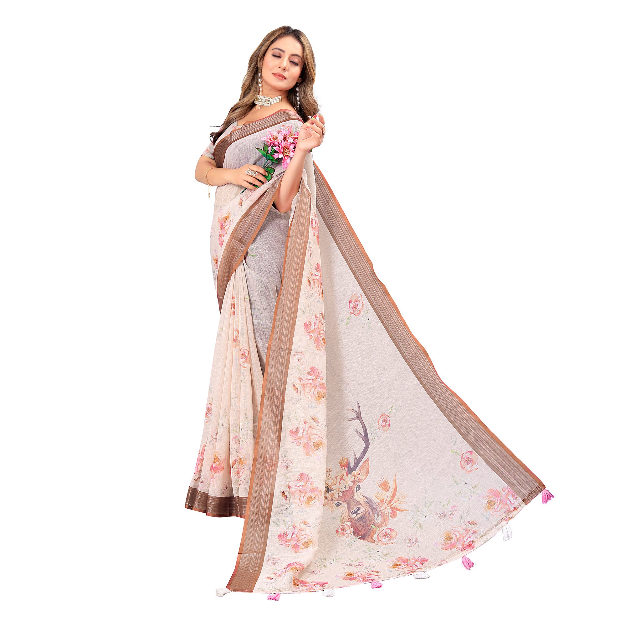 Cream Digital Print Linen Saree