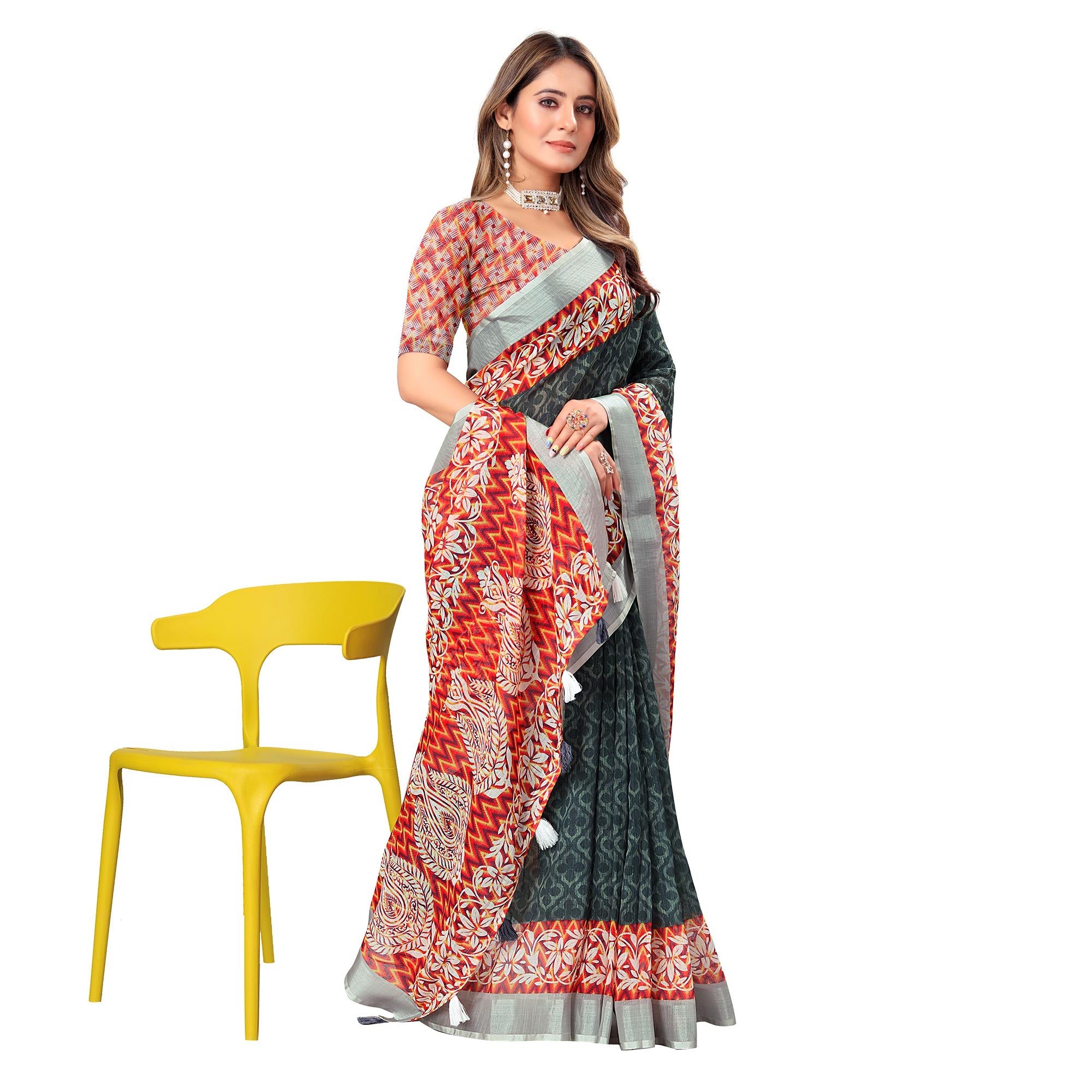 Grey Digital Print Linen Saree