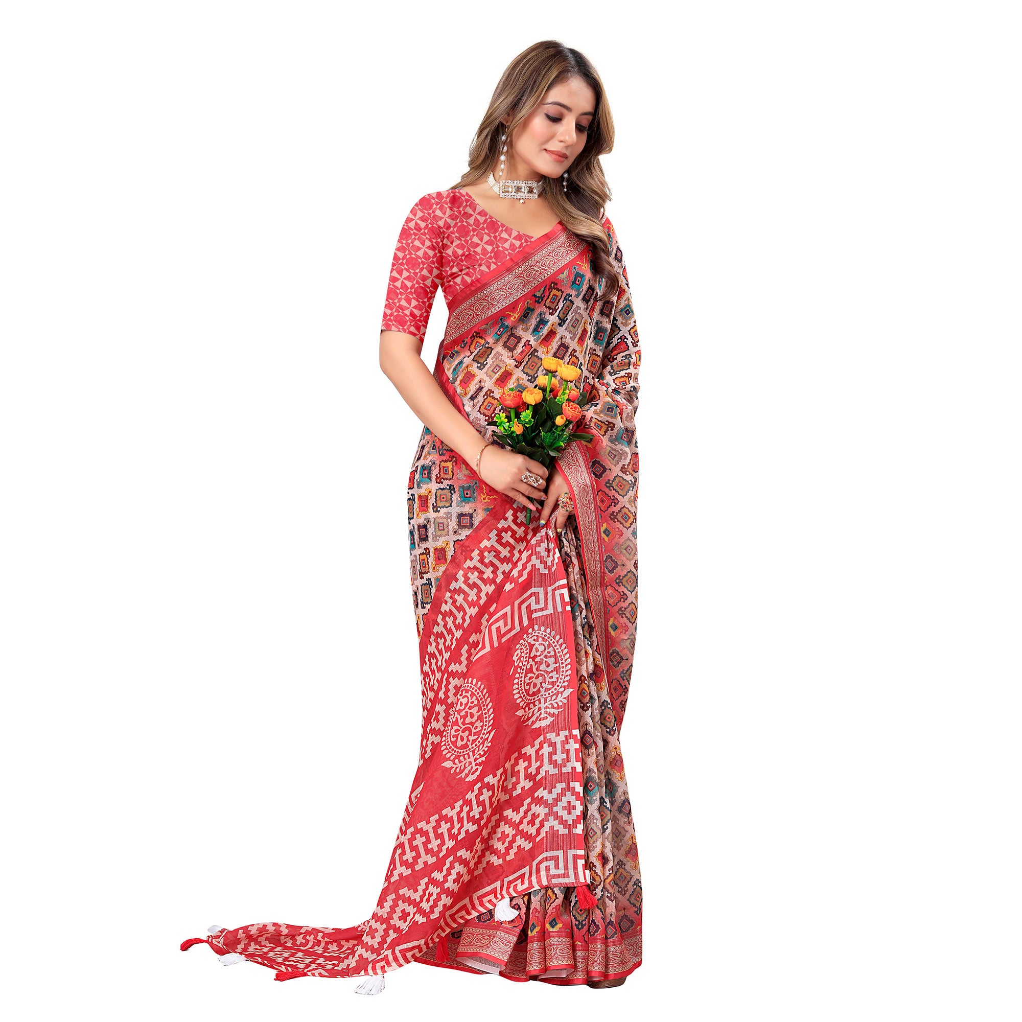 Red Printed Linen Saree