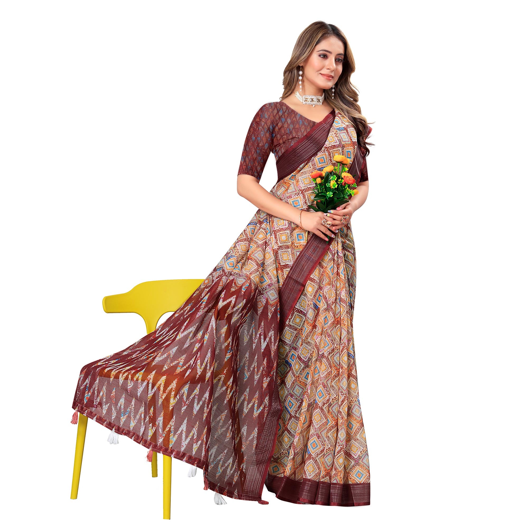 Maroon Printed Linen Saree