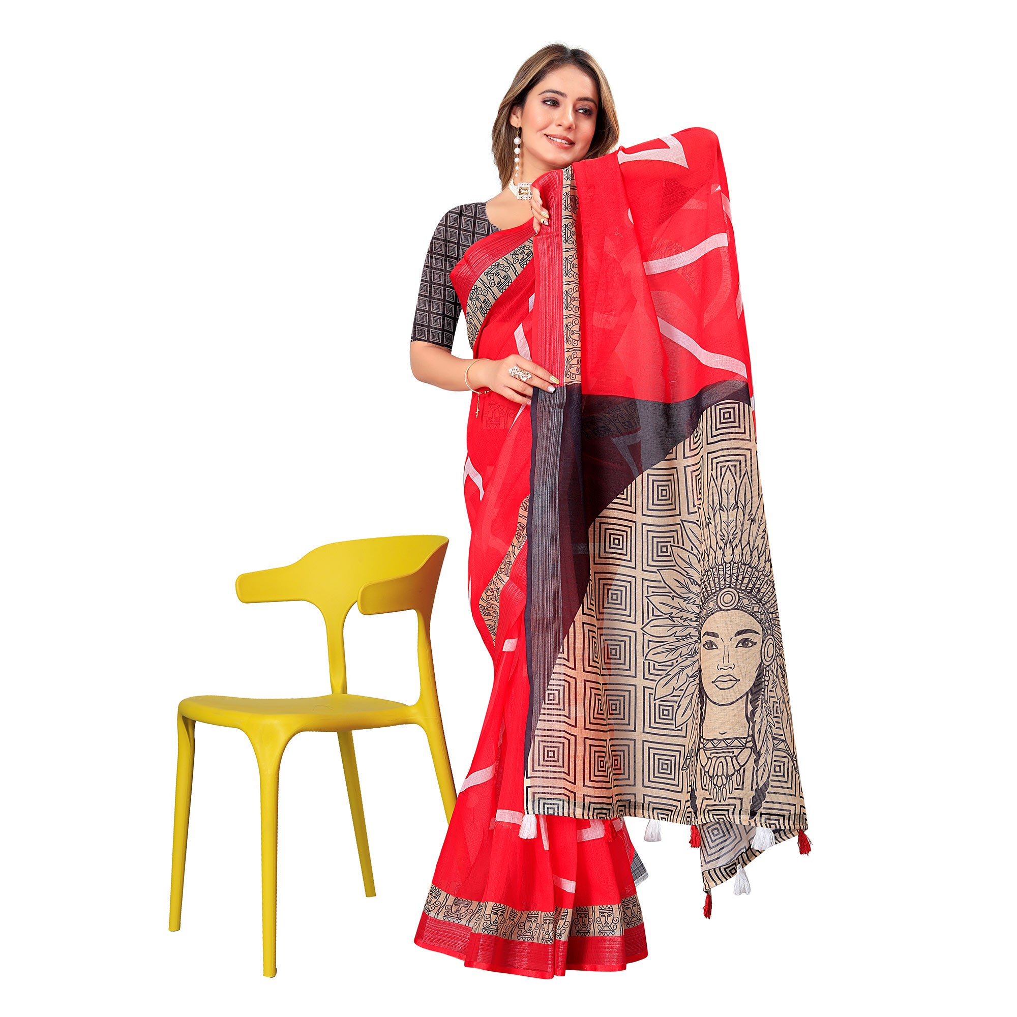 Red Printed Linen Saree