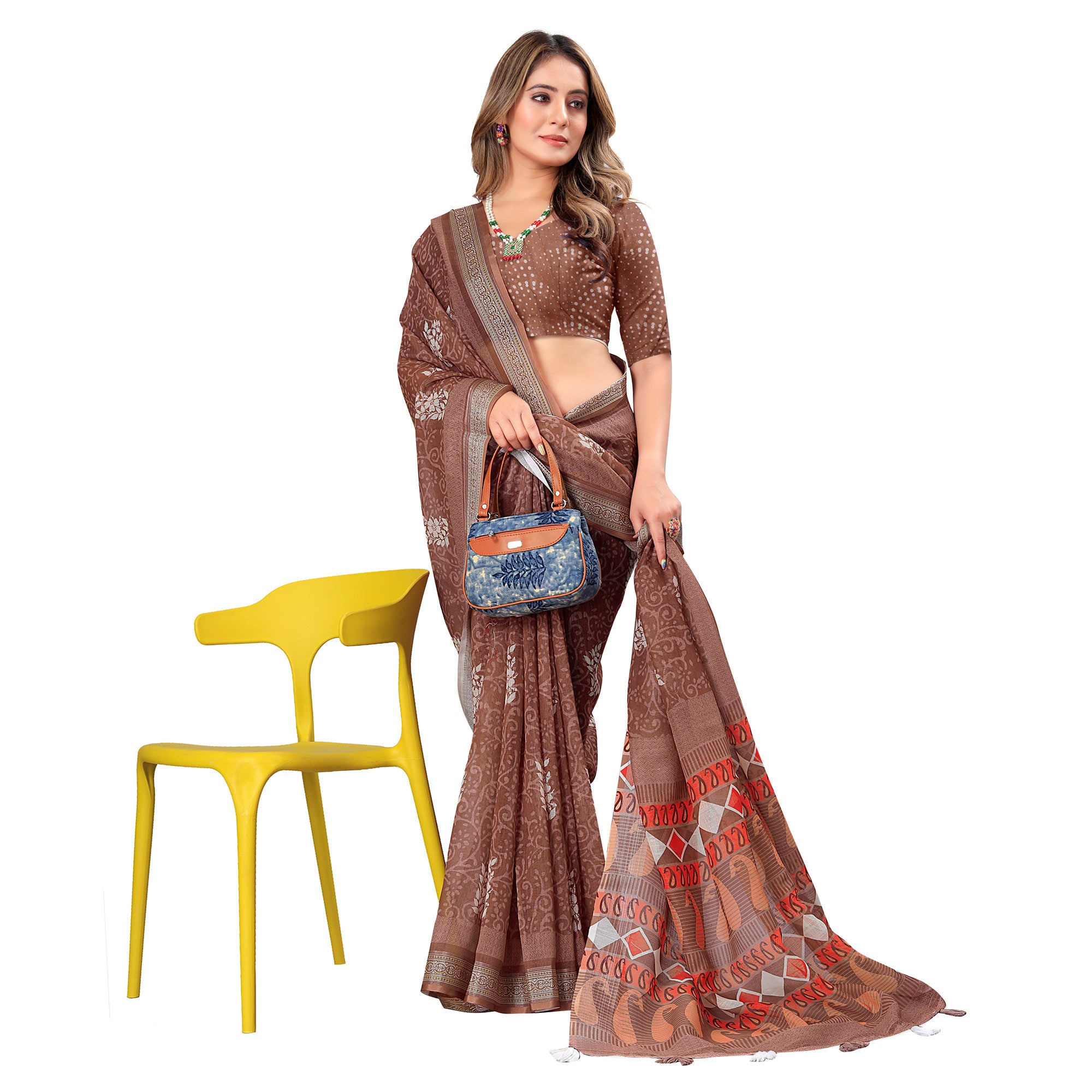 Brown Printed Linen Saree