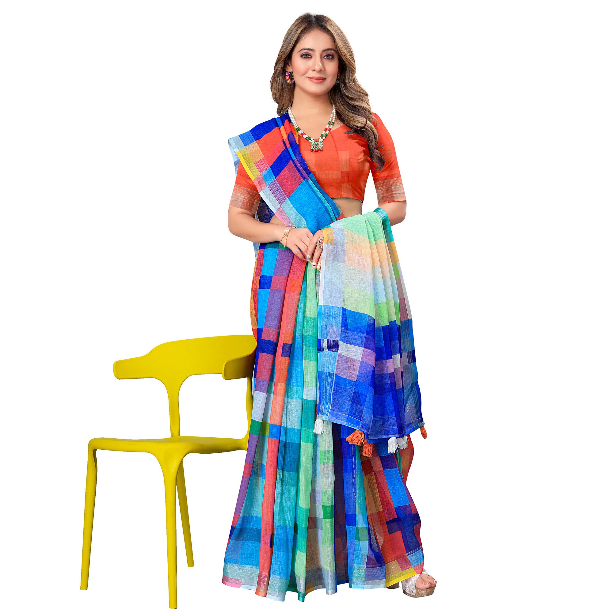 Multicolor Printed Linen Saree