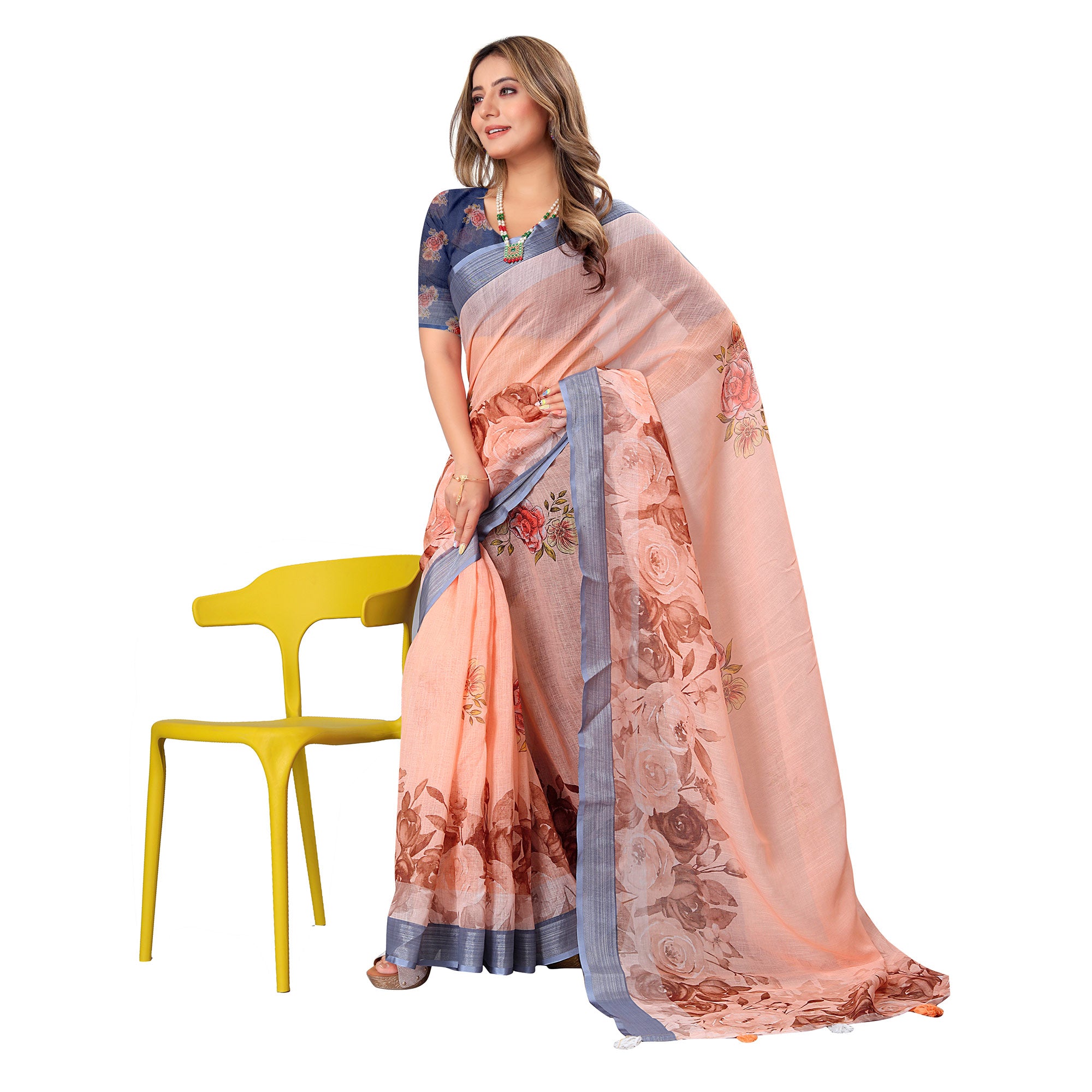 Peach Printed Linen Saree