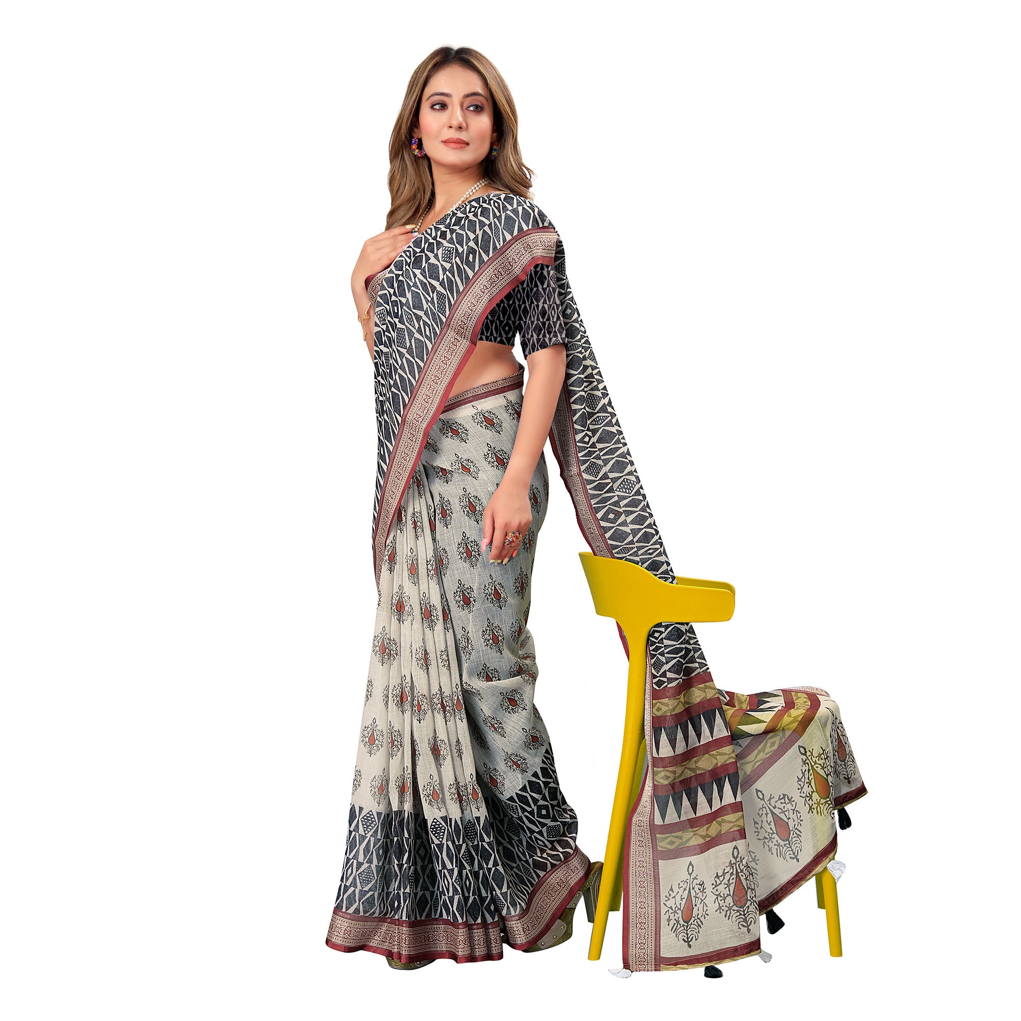 Off White Printed Linen Saree