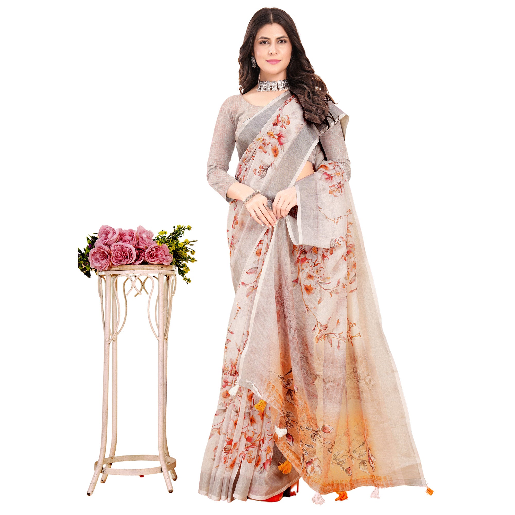 Cream Printed Linen Saree