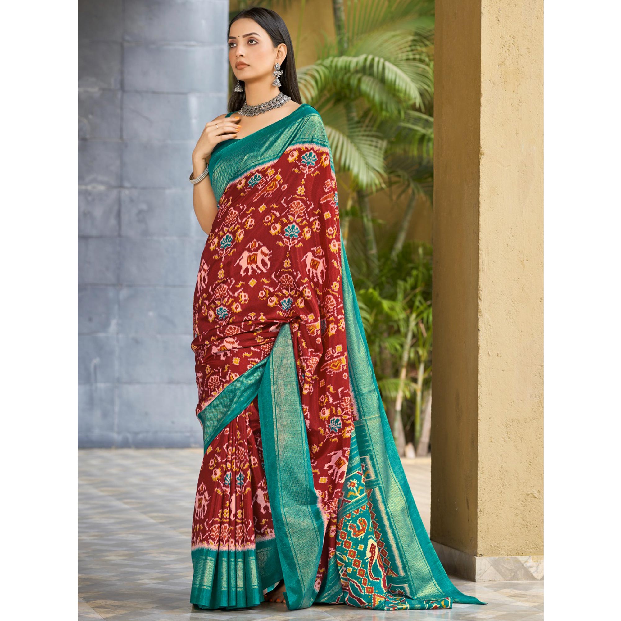 Red & Rama Blue Patola Printed Dola Silk Saree