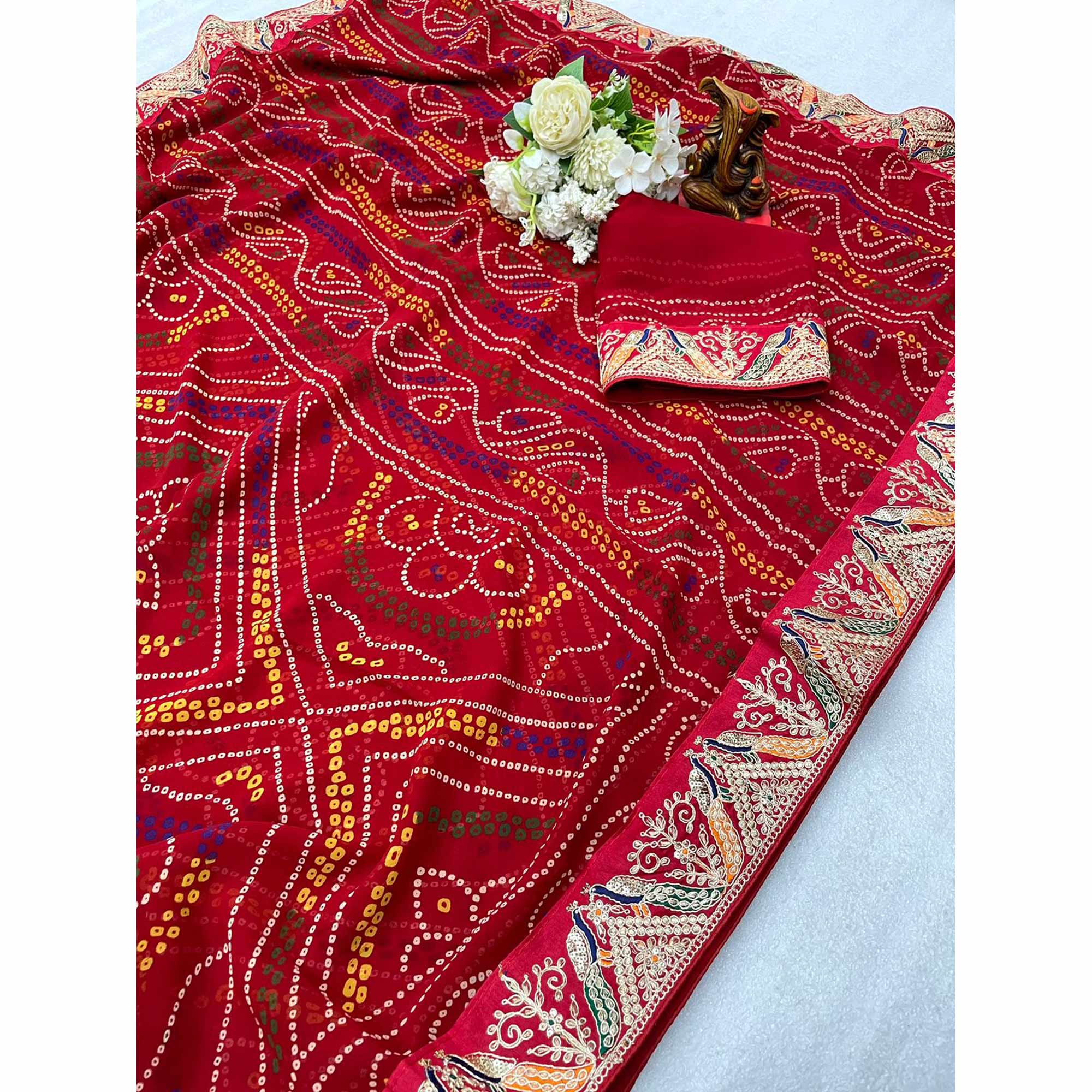 Red Bandhani Printed Georgette Saree