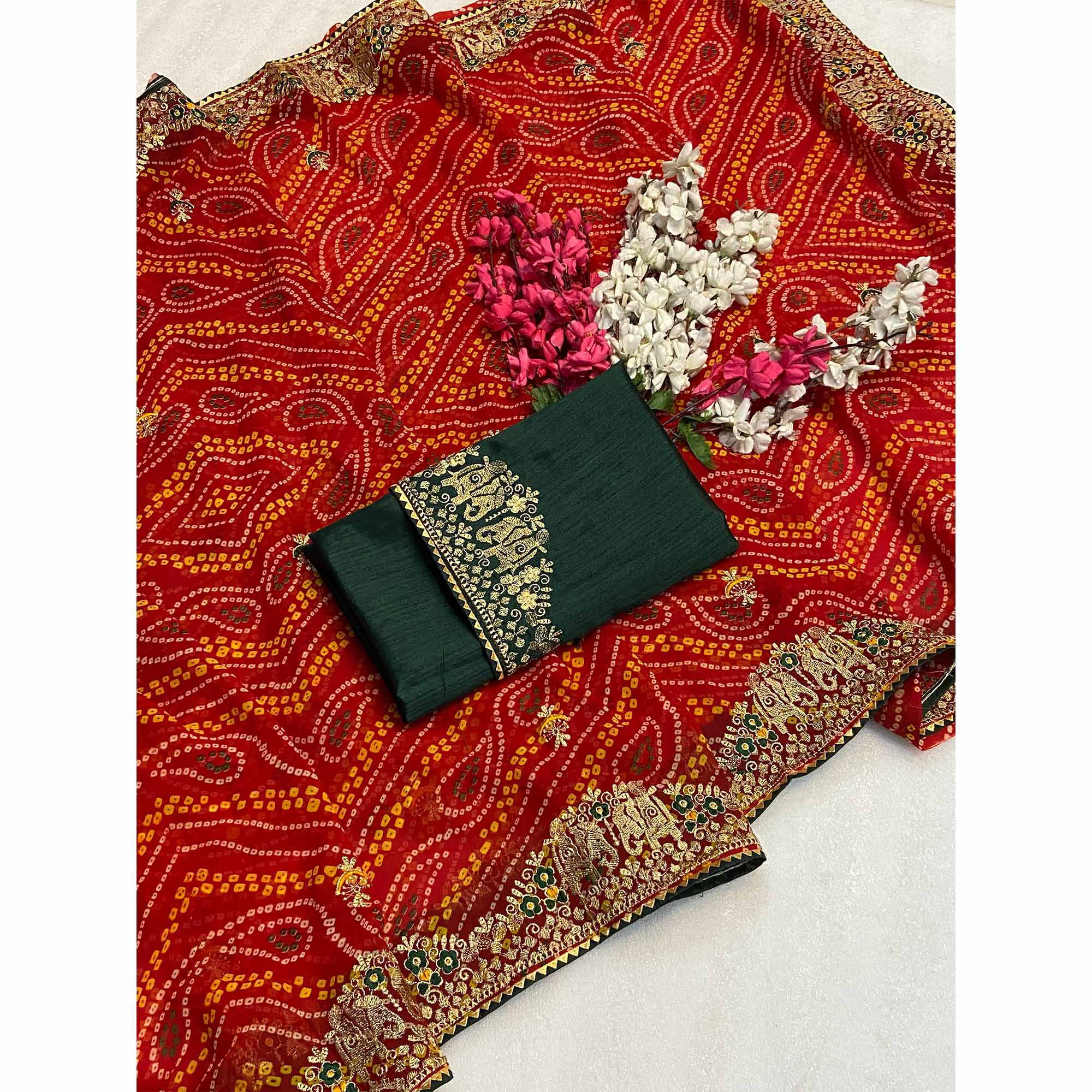 Red Bandhani Printed Georgette Saree With Embroidered Border