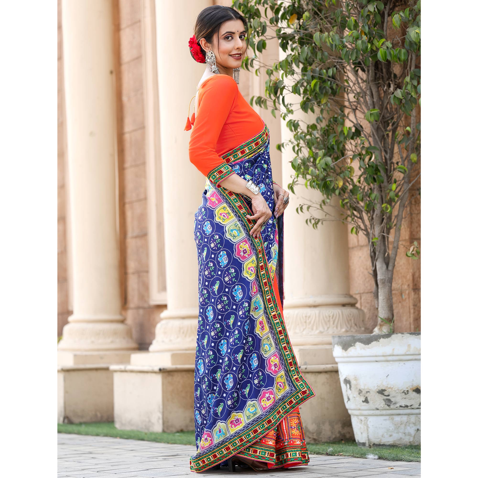 Orange & Blue Patola Print With Embroidered Georgette Half & Half Saree