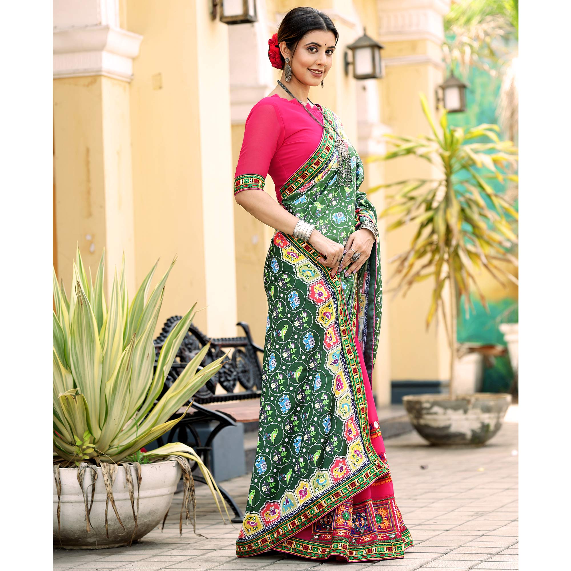 Pink & Green Patola Print With Embroidered Georgette Half & Half Saree