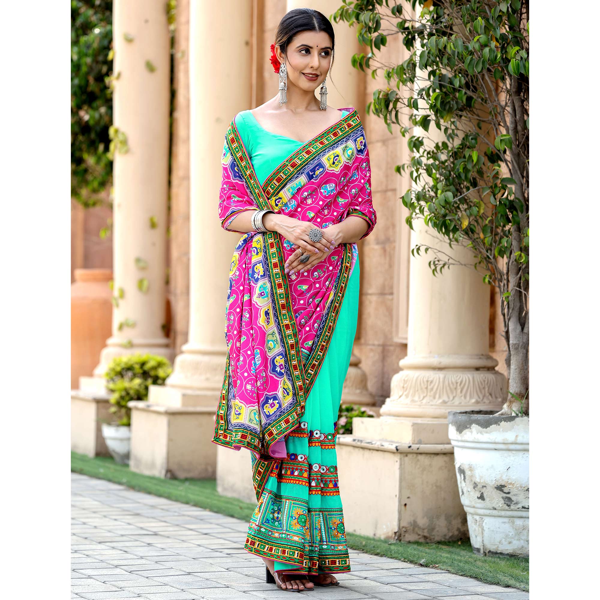 Turquoise & Pink Patola Print With Embroidered Georgette Half & Half Saree