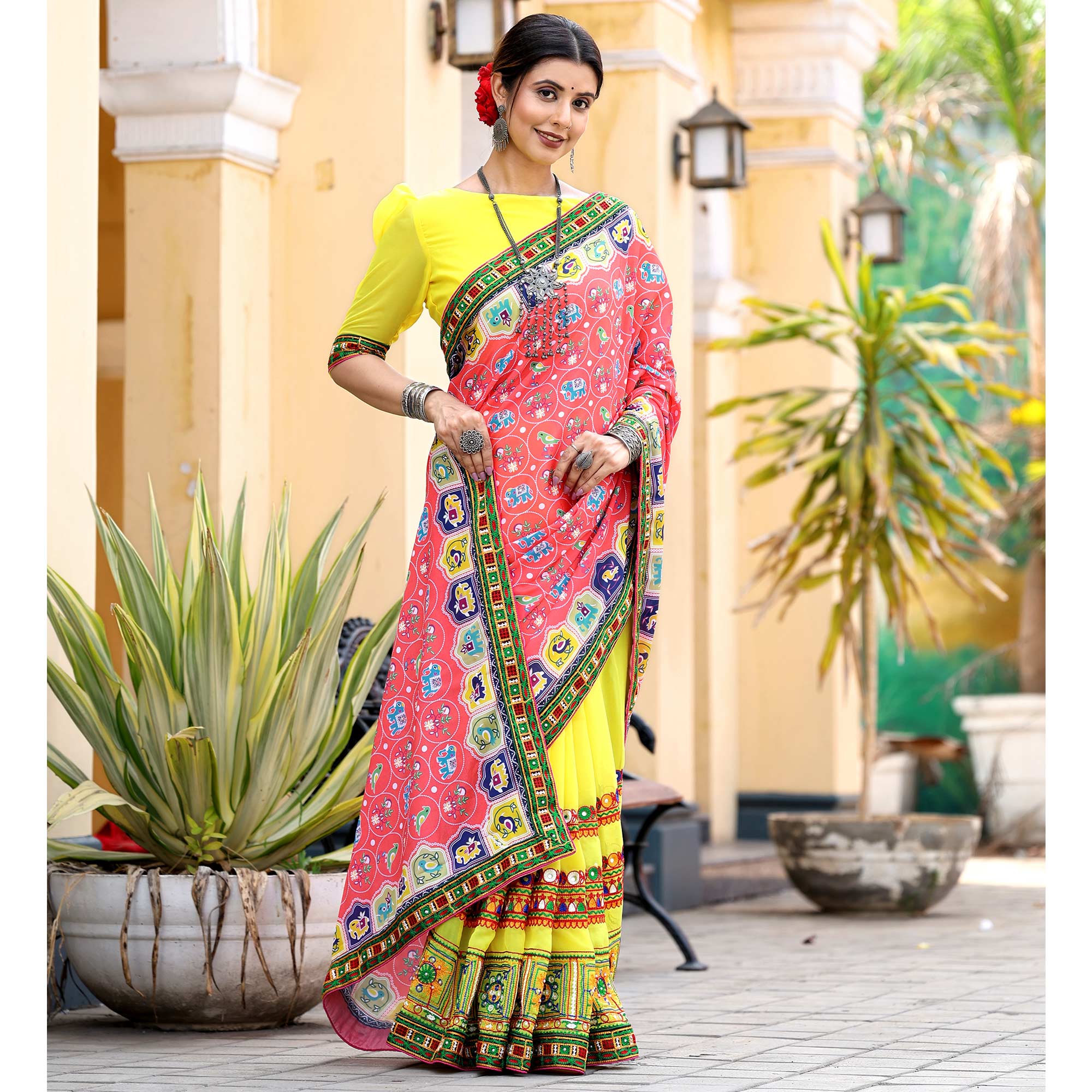 Yellow & Pink Patola Print With Embroidered Georgette Half & Half Saree