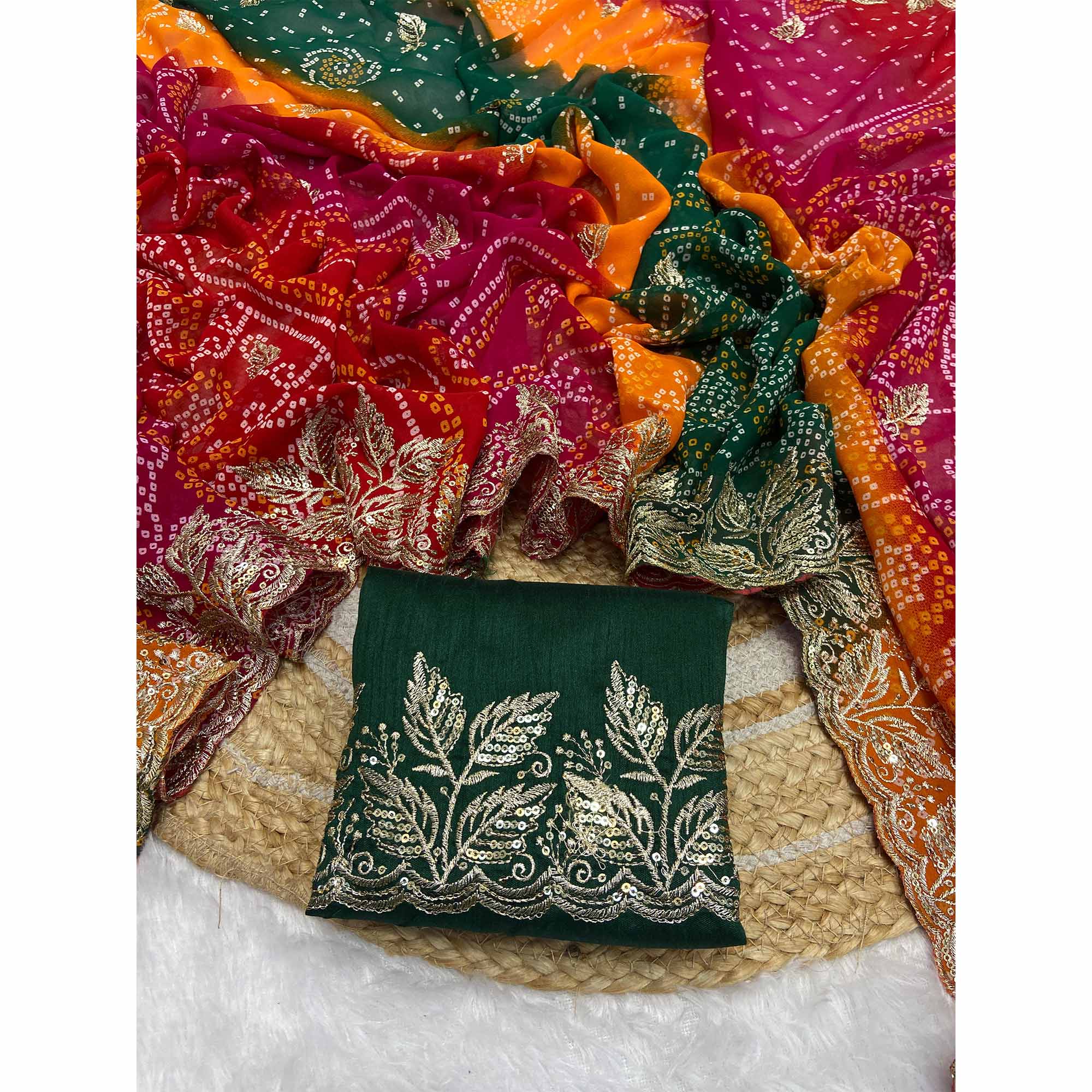 Multicolor Bandhani Georgette Saree Enhanced with Lavish Embroidered Border